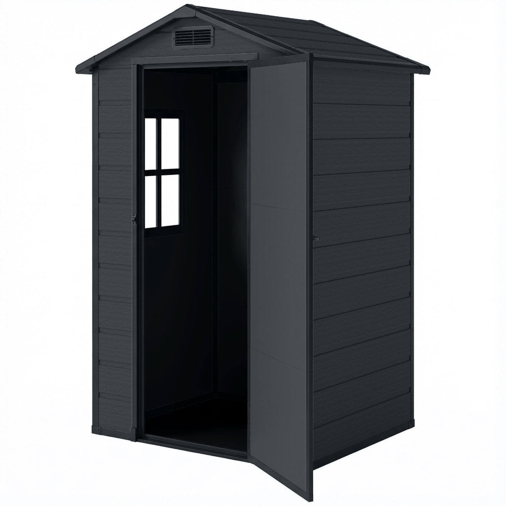 4' x 3' Plastic Garden Shed with Floor, Outdoor Small Shed with Lockable Door, Window and Vent, Dark Grey