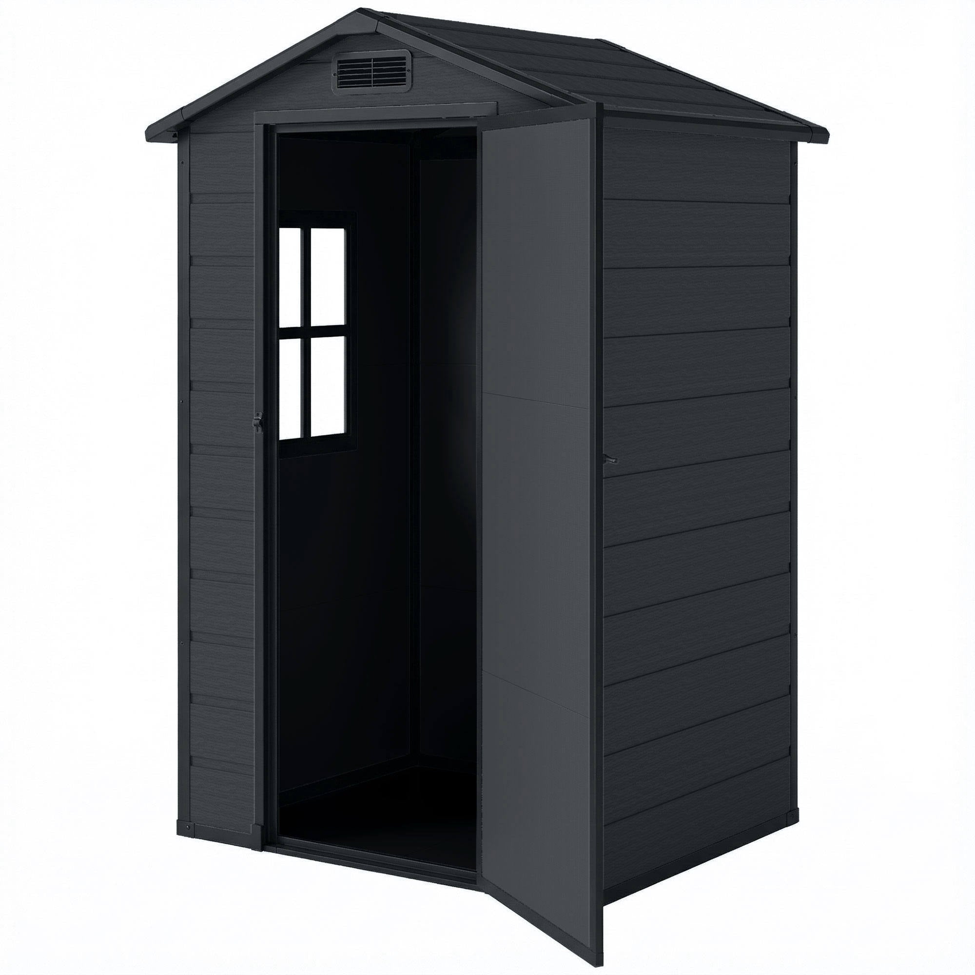 4' x 3' Plastic Garden Shed with Floor, Outdoor Small Shed with Lockable Door, Window and Vent, Dark Grey