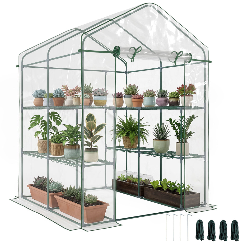 56" x 56" x 77" Walk-in Greenhouse, Portable Garden Flower Seed Warm House with 8 Shelves, Outdoor Plant Growth Hot House, PVC Cover, Transparent
