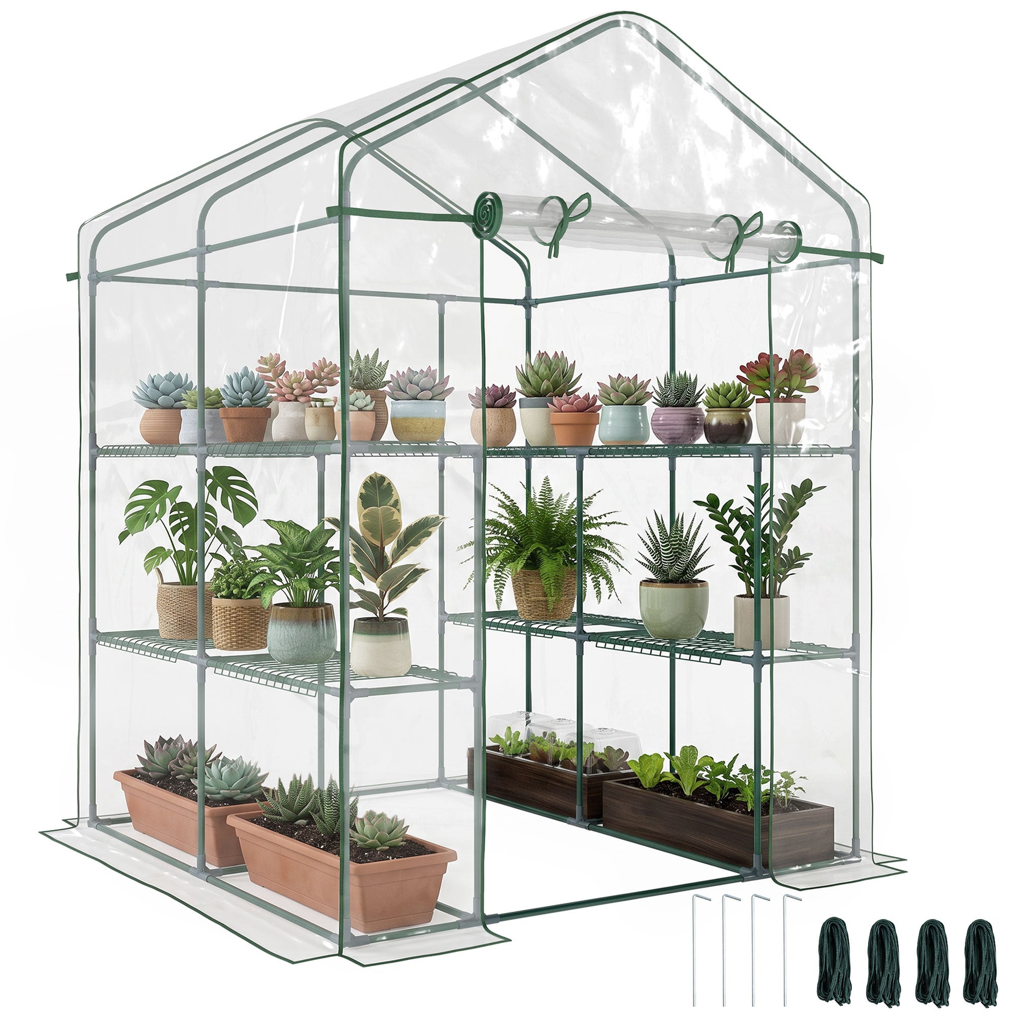 56" x 56" x 77" Walk-in Greenhouse, Portable Garden Flower Seed Warm House with 8 Shelves, Outdoor Plant Growth Hot House, PVC Cover, Transparent