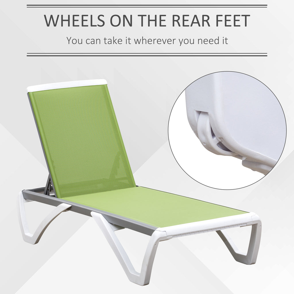 Outdoor Chaise Lounge Chair, Patio Aluminum Tanning Chair with 5-Level Adjustable Back, Portable Wheels, Breathable Mesh Fabric, for Pool, Deck, Garden, Green