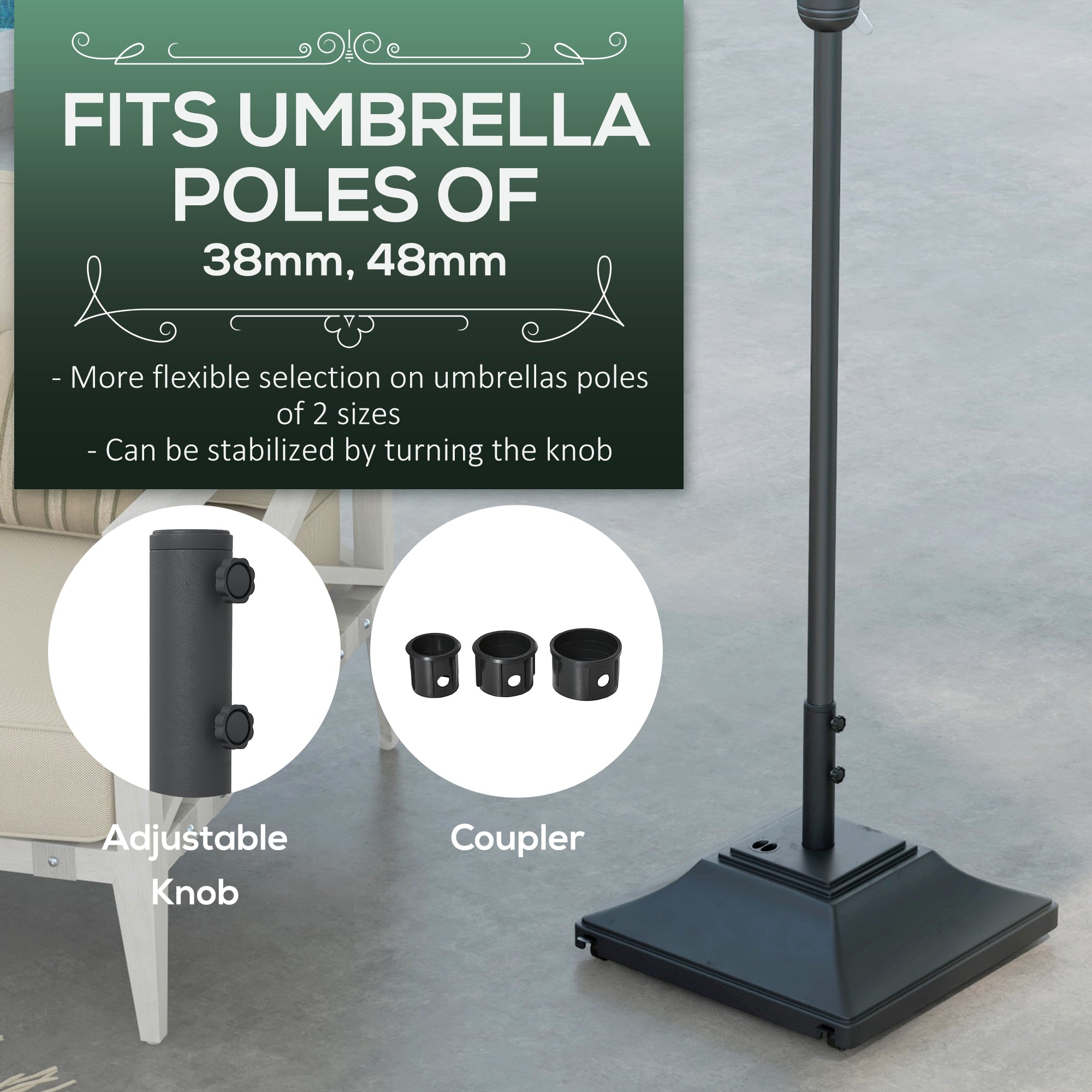 Square Umbrella Base with Wheels, 99 lbs Water or 132 lbs Sand Filled, with Double Adjustable Knob, Black