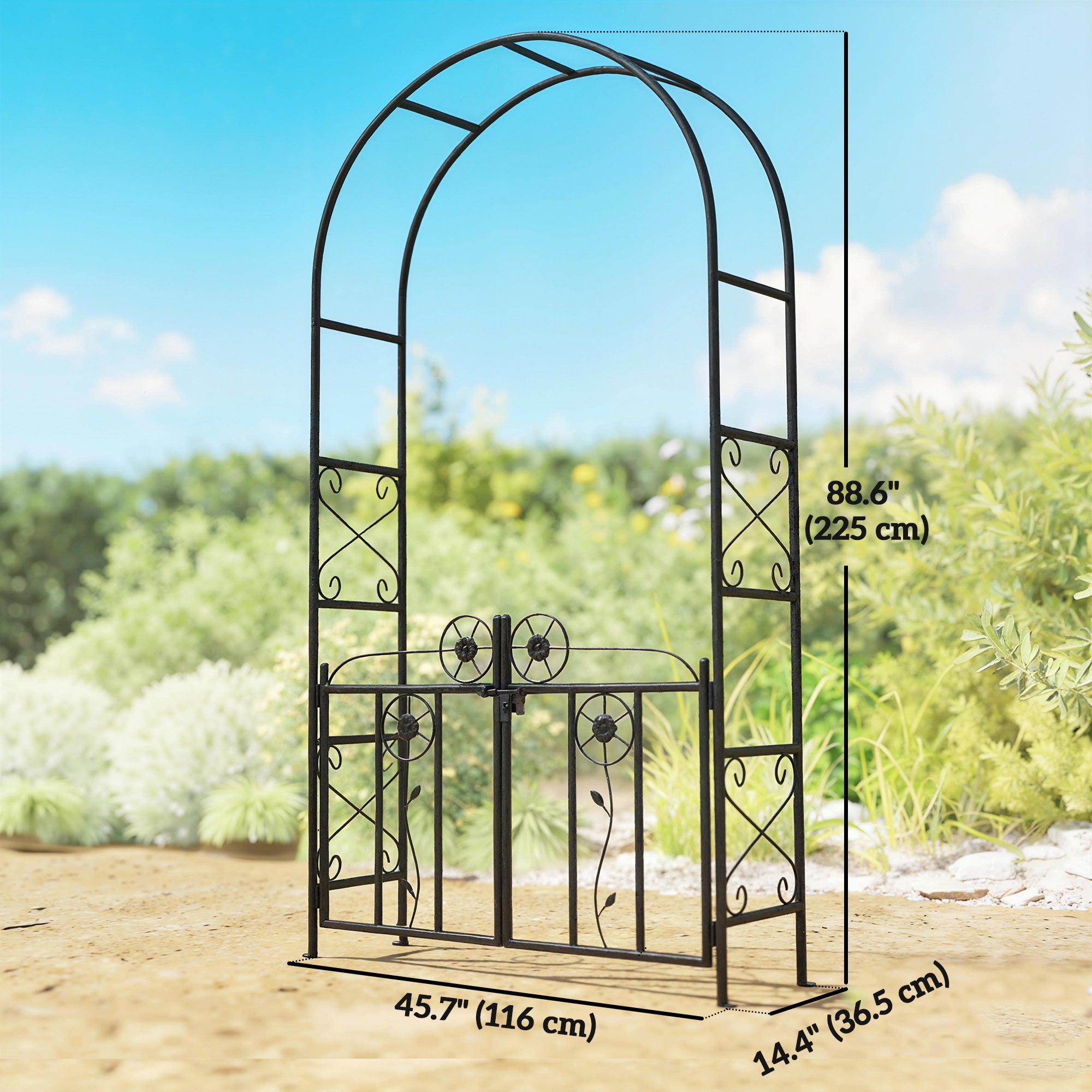 7.4 ft Garden Arch, Outdoor Trellis Arbor with Gate for Climbing Plants, Wedding Arch, Black