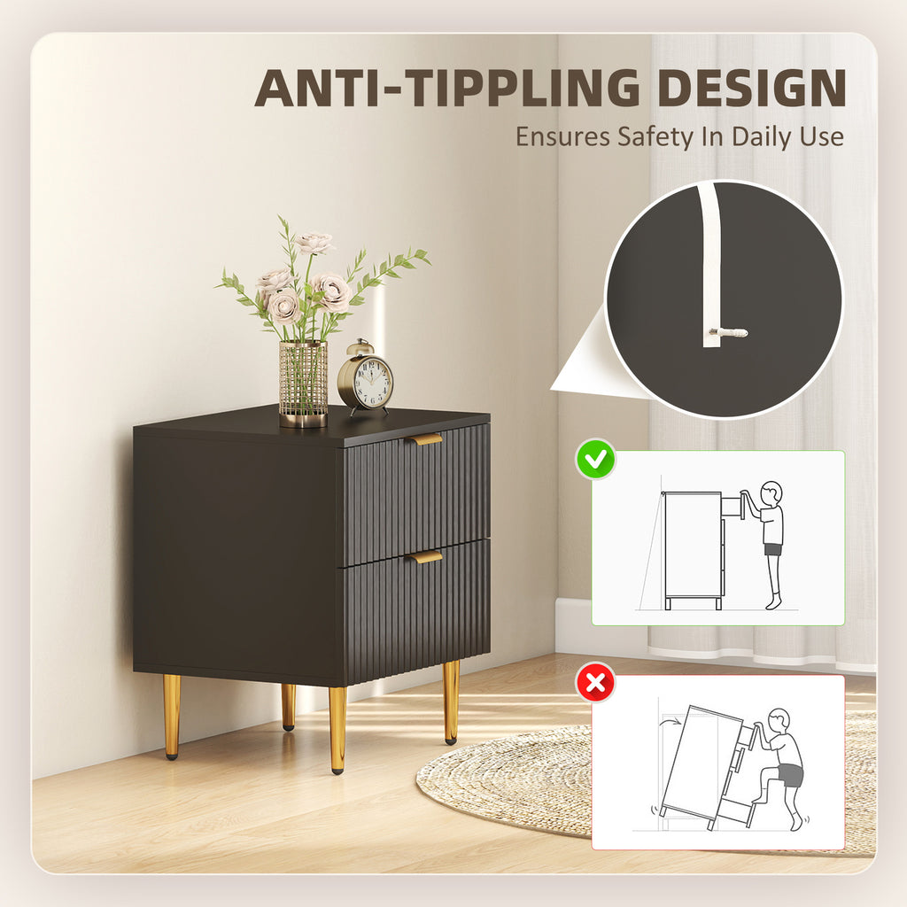 Bedside Table Set of 2, Modern Nightstand with 2 Drawers, Side End Table with Metal Legs for Living Room, Bedroom, Black