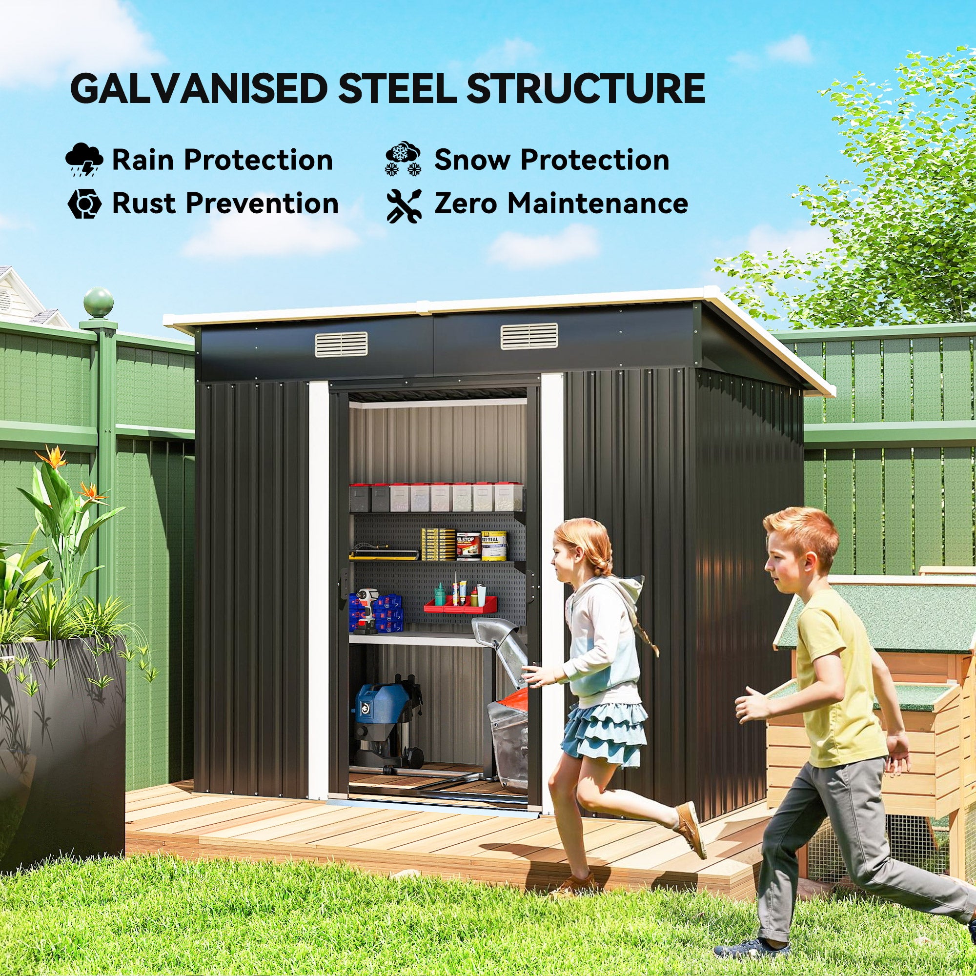 7'x 4' Metal Patio Storage Shed Garden Lockable Shed Tool Utility Storage Unit, Black