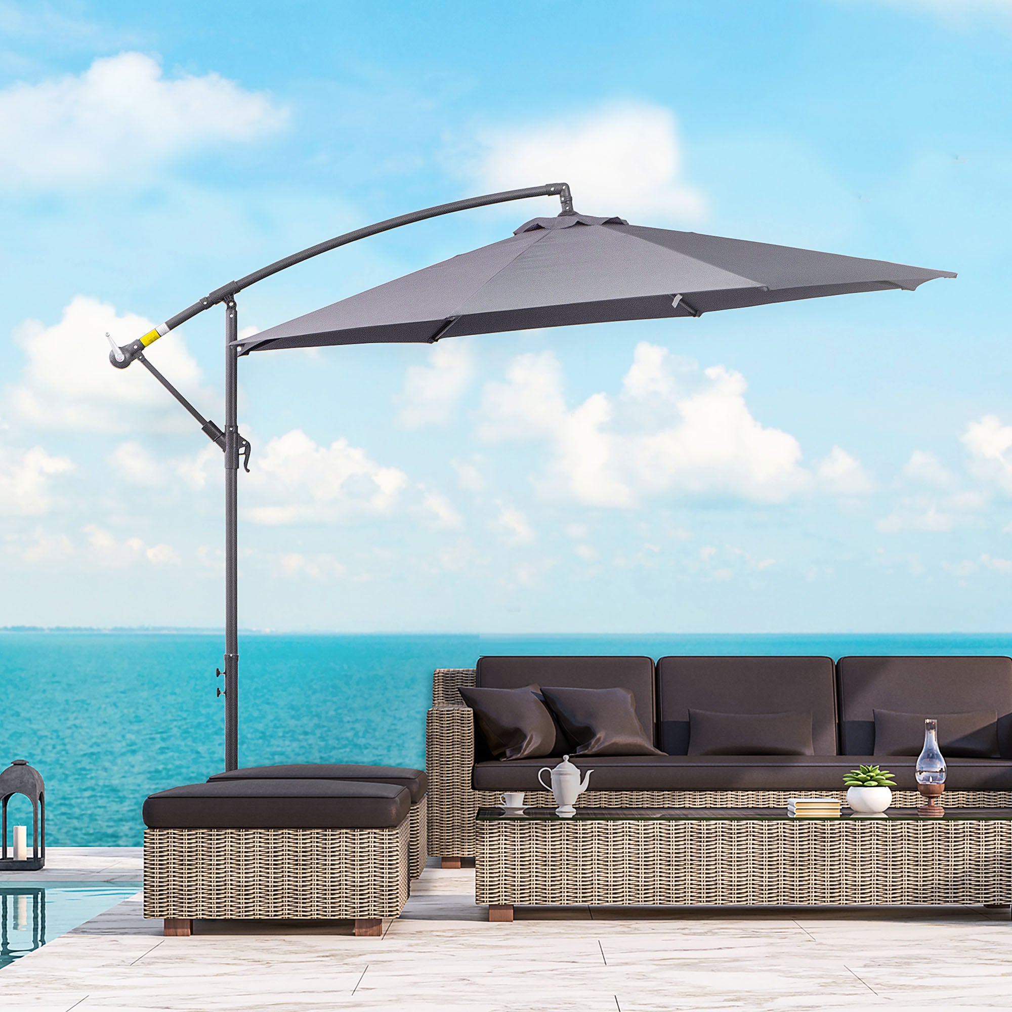 10ft Offset Patio Umbrella with Base, Garden Hanging Parasol with Crank, Banana Cantilever Umbrella Sun Shade, Grey