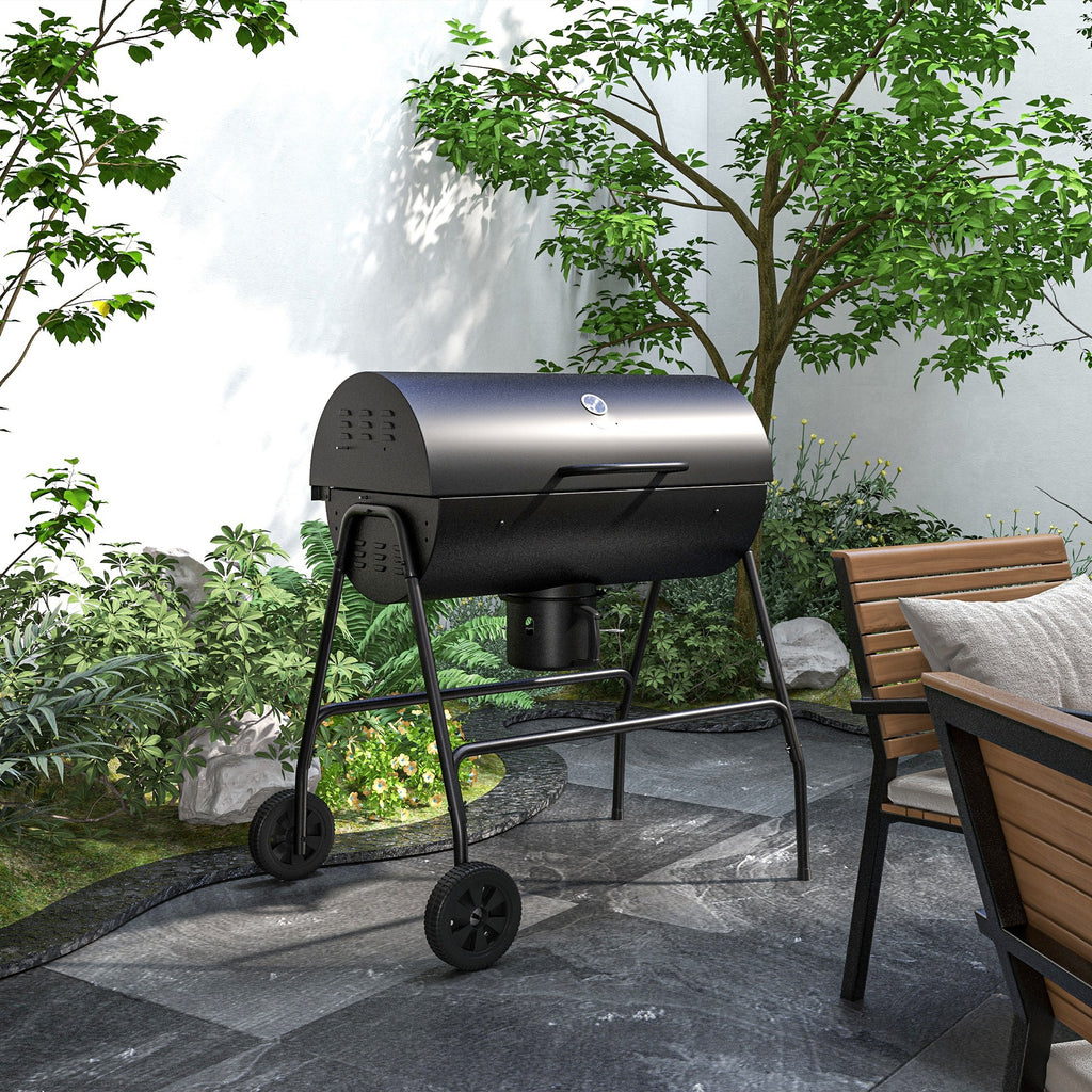 Barrel Charcoal BBQ Smoker, Barbecue with 420 sq.in. Cooking Area, Wheels, Ash Catcher, Black