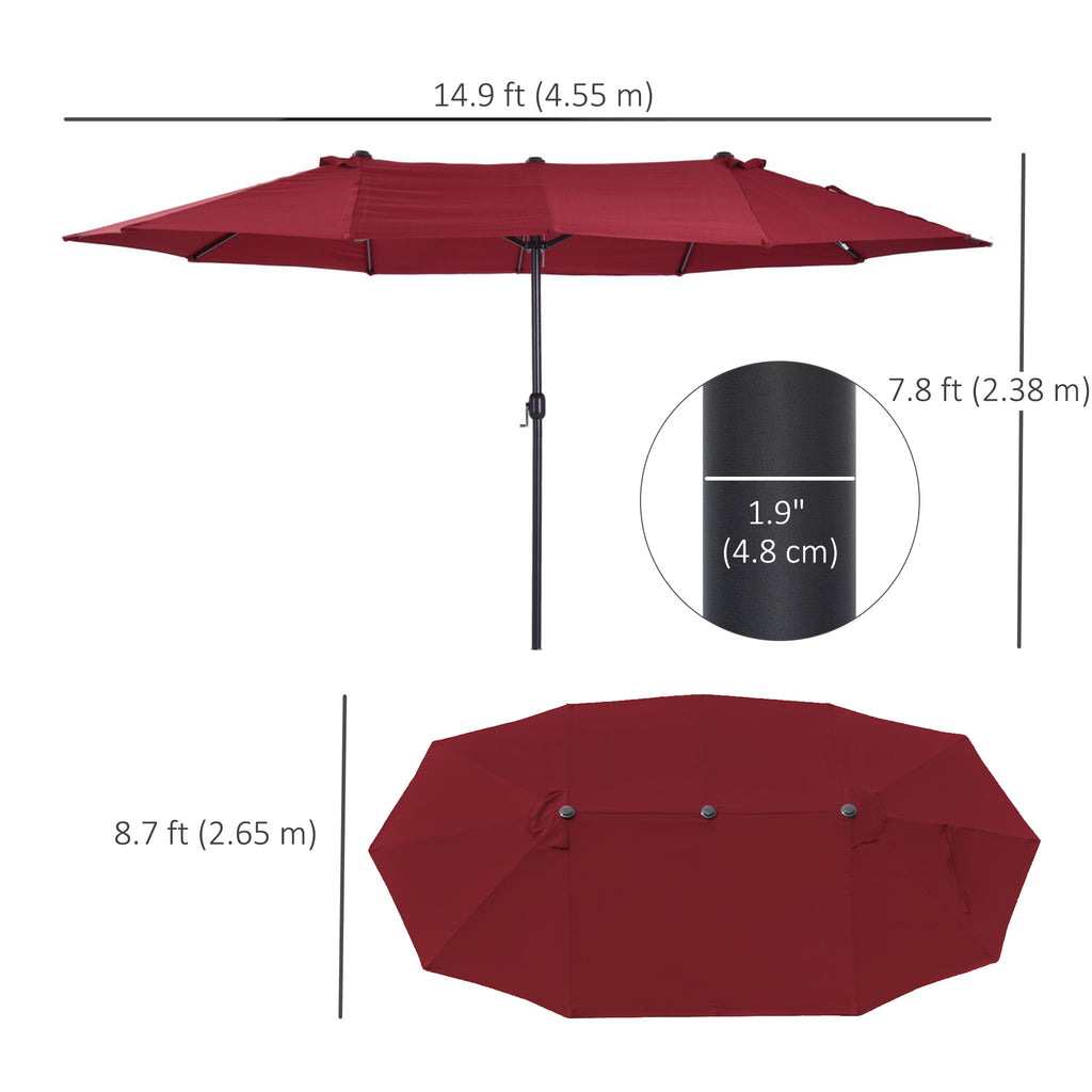 15ft Double-sided Patio Umbrella with Twin Canopy, Extra Large Outdoor Parasol with Crank for Pool, Deck, Market, Wine Red