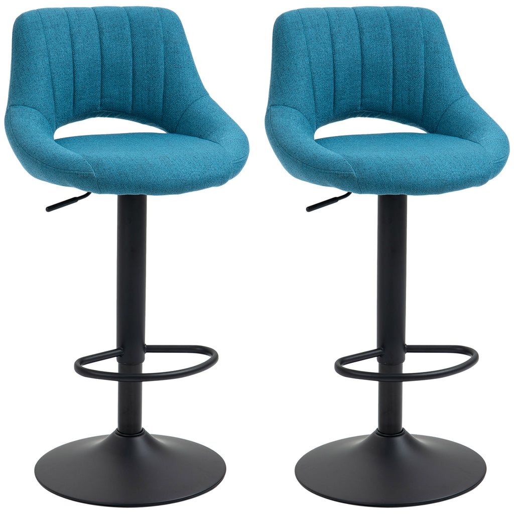 Bar Stools Set of 2, Swivel Counter Height Barstools with Adjustable Height, Linen Upholstered Bar Chairs with Round Metal Base and Footrest, Blue