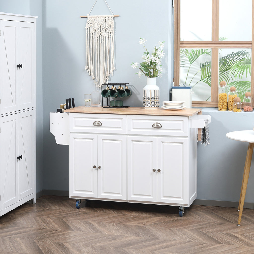Kitchen Island with Storage, Rolling Kitchen Island with Drop Leaf, Rubber Wood Top and Adjustable Shelves, White