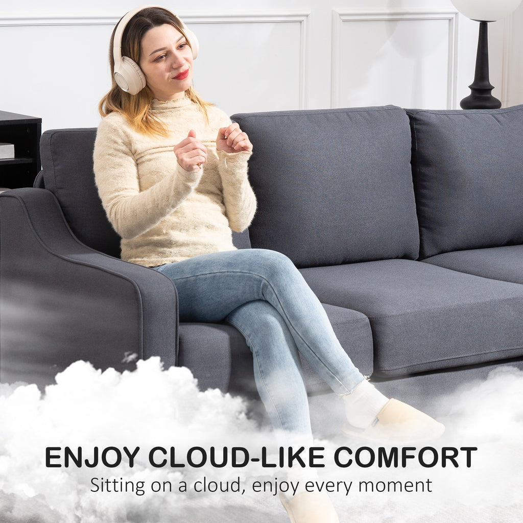 3 Seater Sofa, Modern Couch with Pocket Spring, Linen Upholstered, Thick Padded, Charcoal Grey