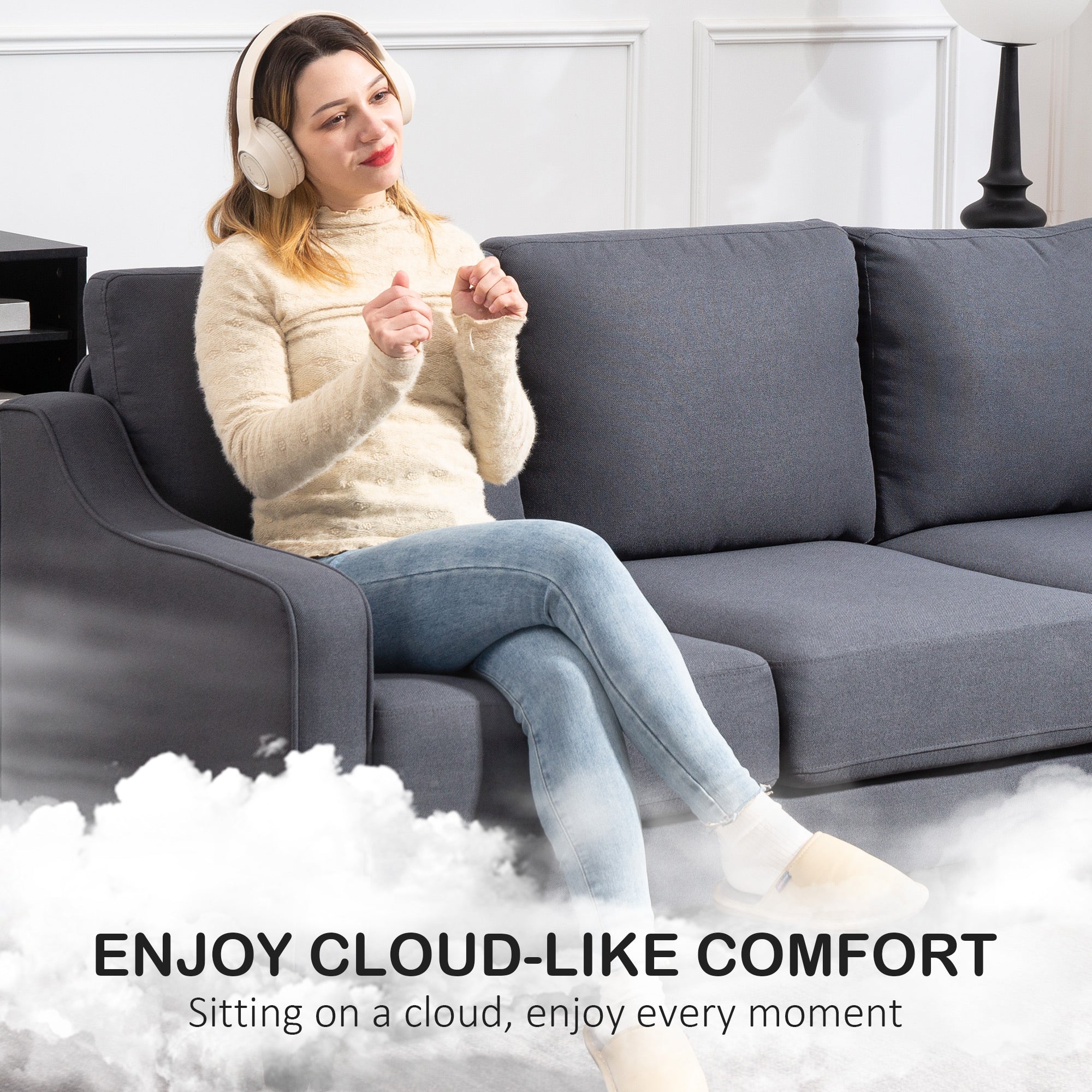 3 Seater Sofa, Modern Couch with Pocket Spring, Linen Upholstered, Thick Padded, Charcoal Grey