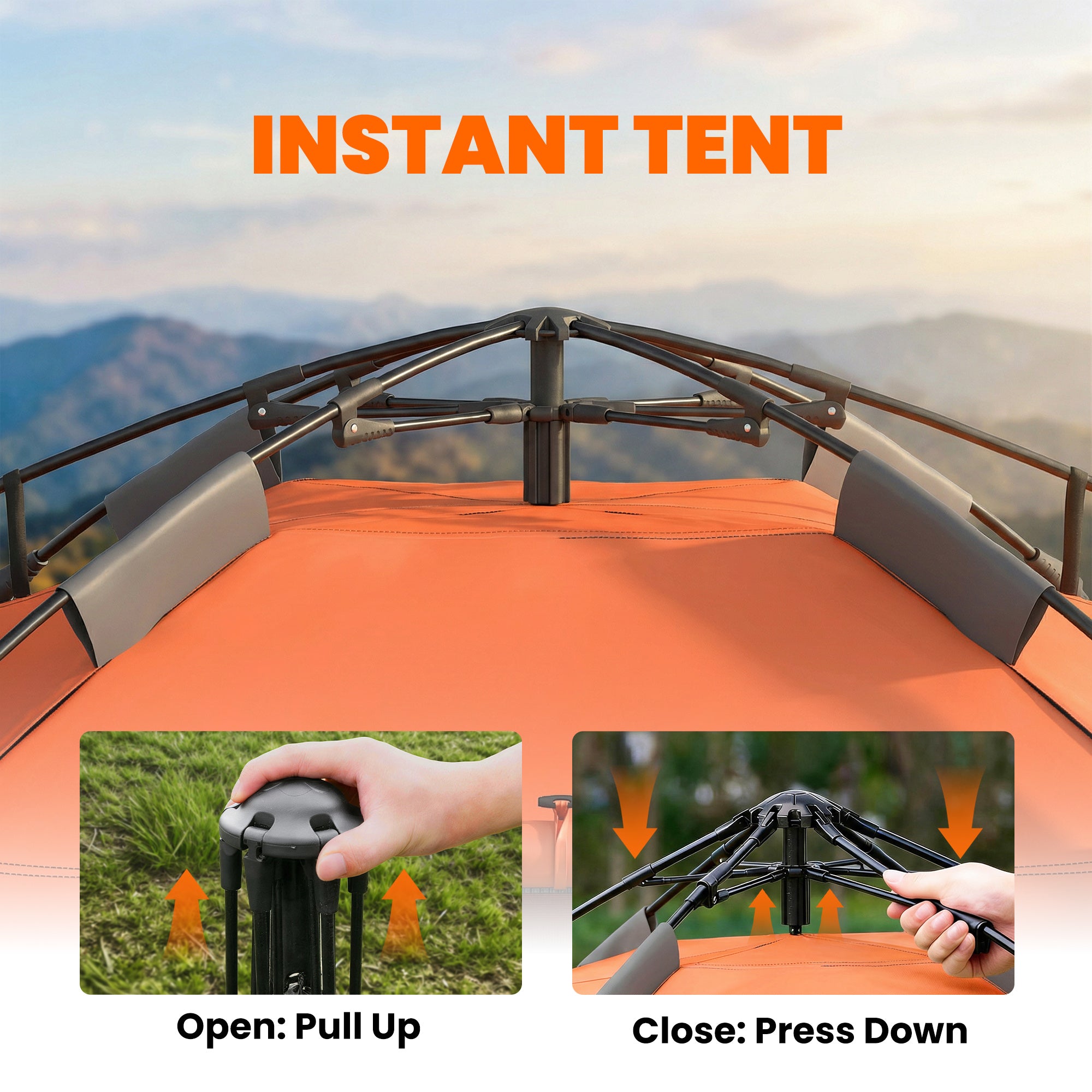 Pop up Camping Tent, 3-4 Man Family Tent, 3000mm Waterproof, with Carry Bag and Top Hook, Dark Grey and Orange