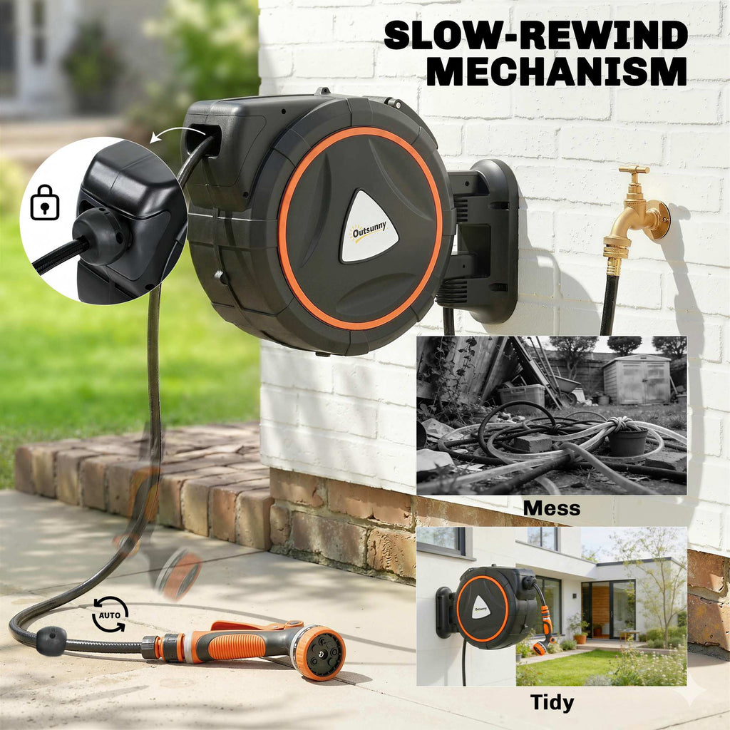 Retractable Garden Hose Reel, 1/2" x 92ft Wall Mounted Hose Reel with 12-Pattern Nozzles, Auto Retraction, Self-Locking