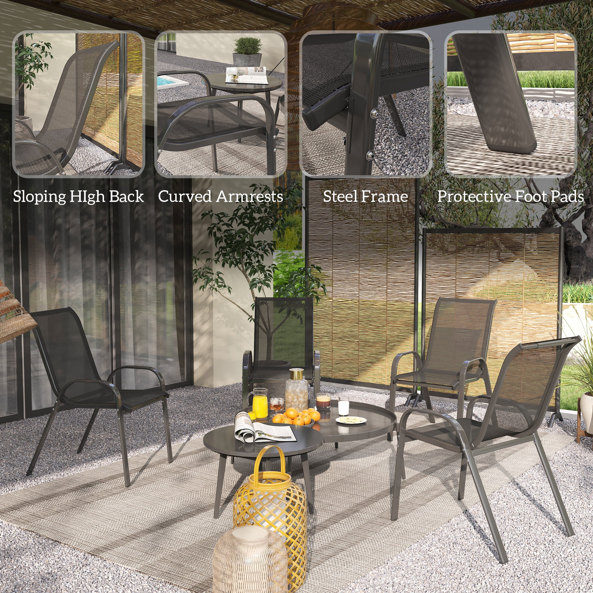 Set of 4 Outdoor Dining Chairs, Stackable Lawn Chairs with High Back, Breathable Mesh Seat for Garden Porch, Black