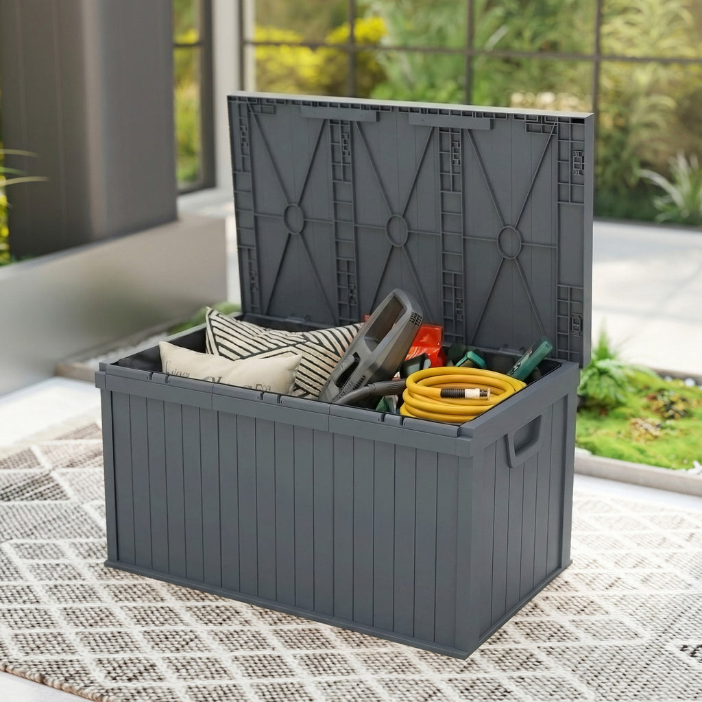 70 Gallon Deck Box, Resin Outdoor Storage Box with Handles, Waterproof Storage Container for Garden Tools, Dark Grey