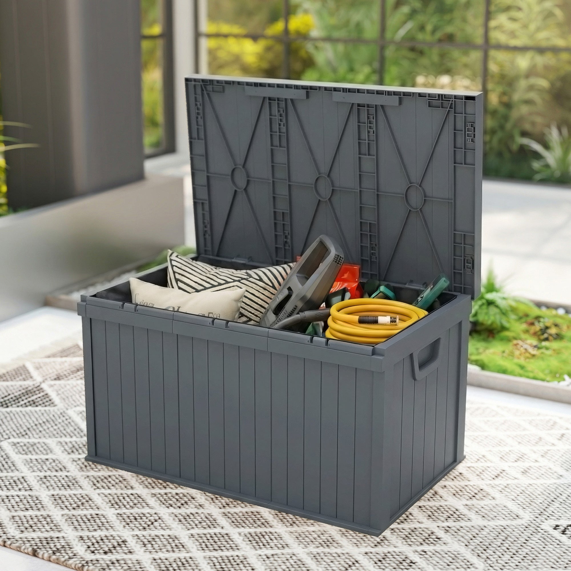 70 Gallon Deck Box, Resin Outdoor Storage Box with Handles, Waterproof Storage Container for Garden Tools, Dark Grey