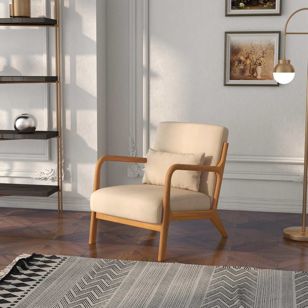Fabric Lounge Chair, Velvet Armchair, Retro Accent Chair with Wood Legs and Thick Padding for Bedroom, Beige