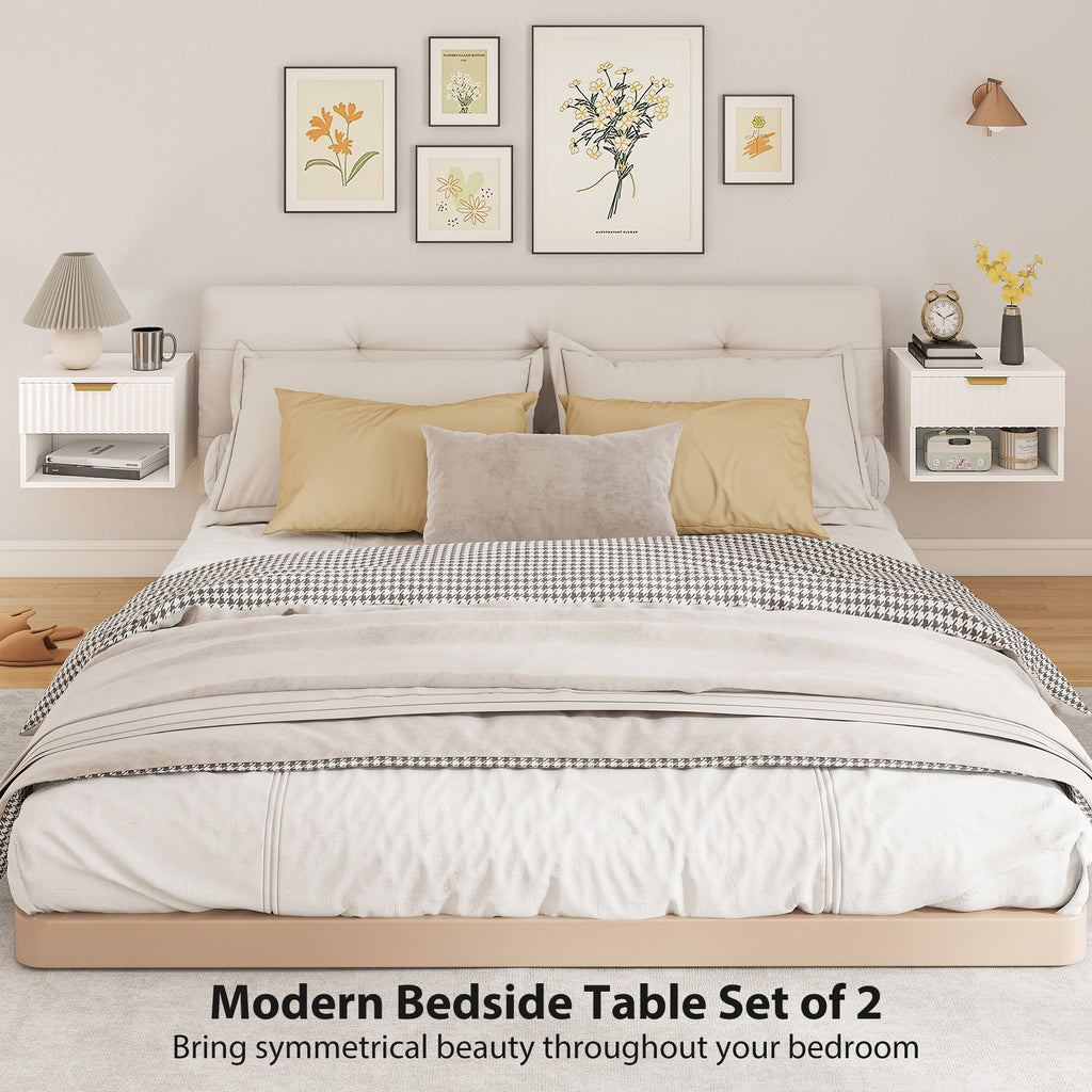 Floating Nightstands, Wall Mounted Bedside Tables Set of 2 with Drawer and Open Shelf, White