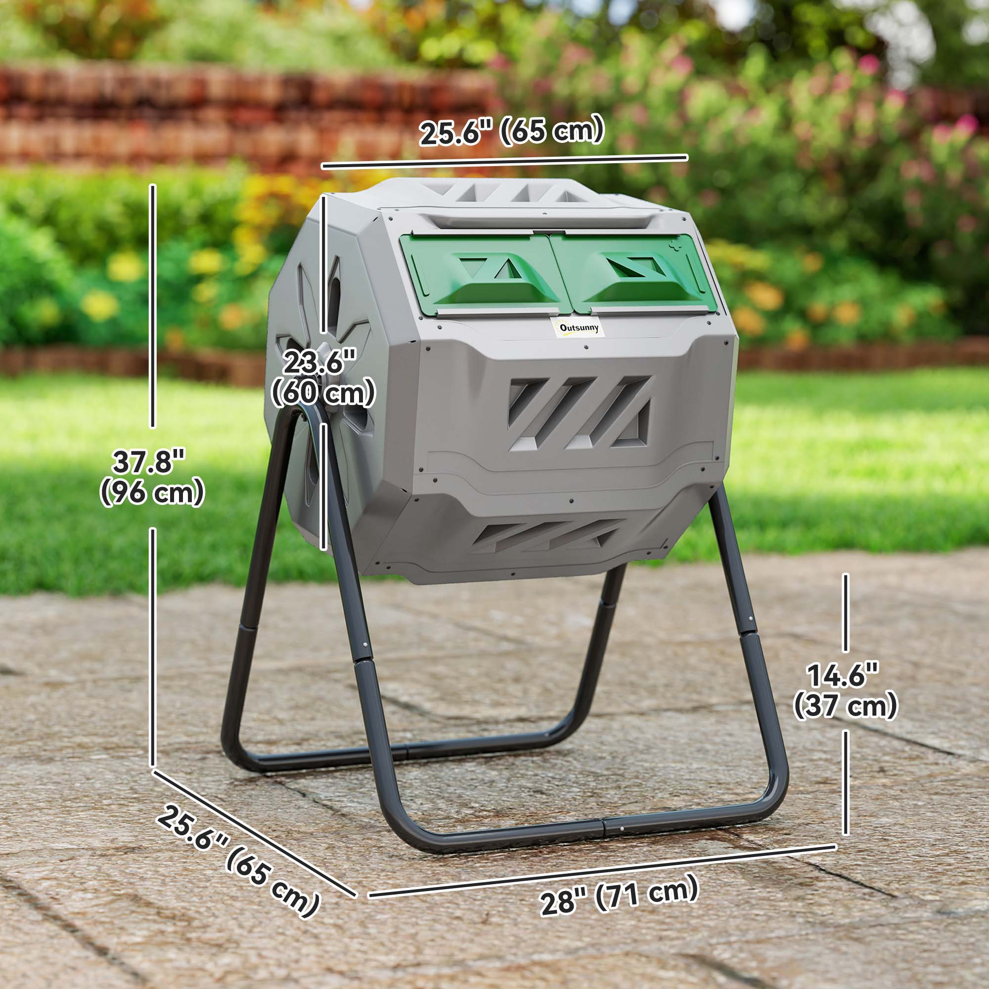 Tumbling Compost Bin Outdoor Dual Chamber 360Â° Rotating Composter 43 Gallon with Sliding Doors, Dark Green