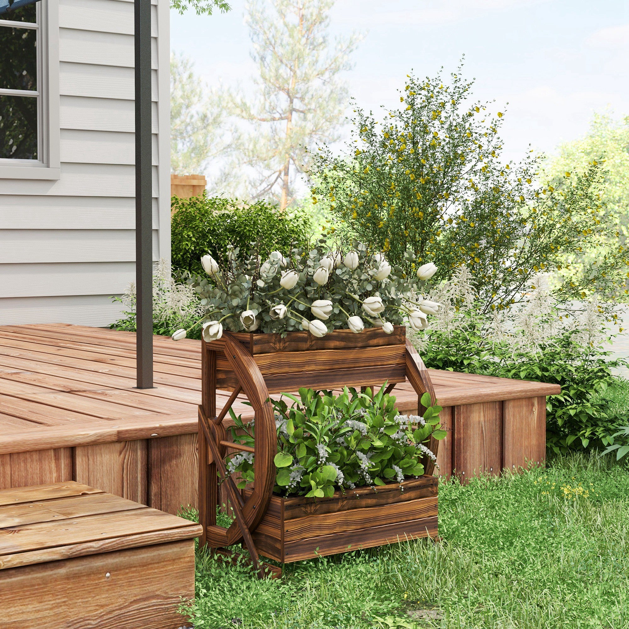 Wooden Wagon Planter Box, 2-Tier Raised Garden Bed, for Vegetables Flowers Herbs