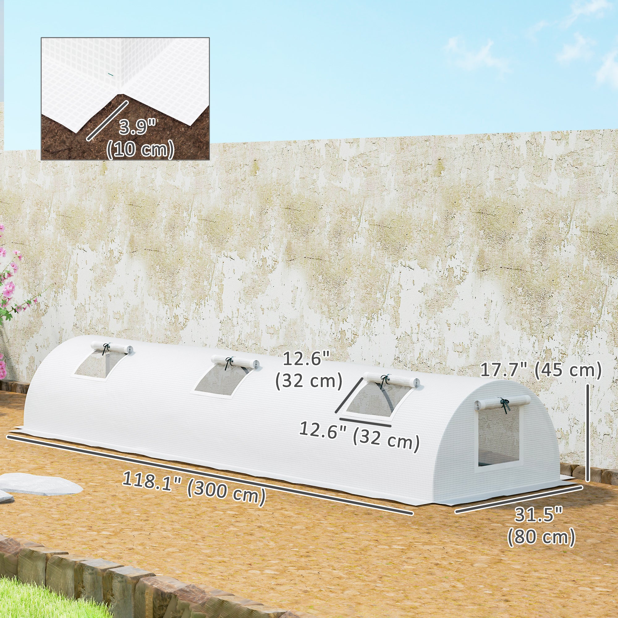 Portable Mini Greenhouse, Tunnel Growing Tent with 5 Mesh Windows and Steel Frame,10' x 3' x 2', White