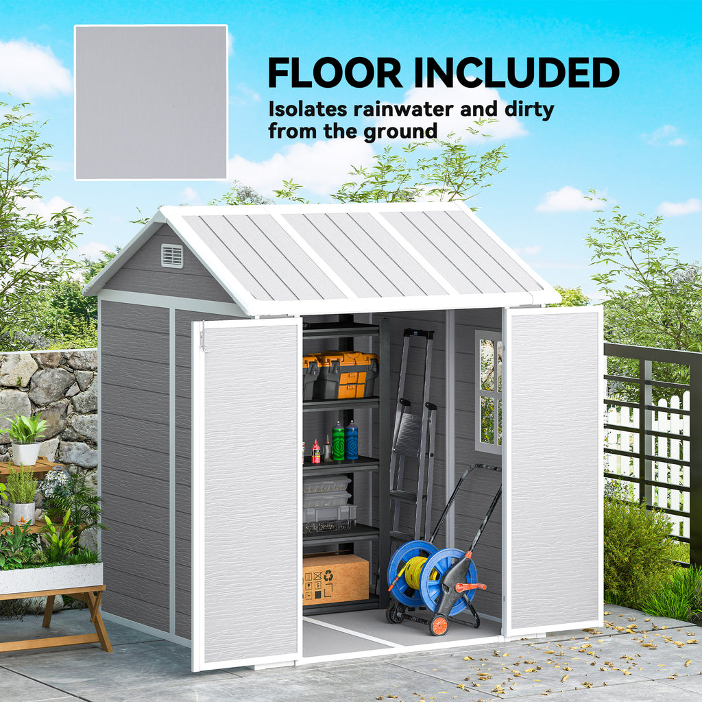 6' x 6' Resin Outdoor Storage Shed with Floor, Window, Lockable Doors and Vents for Backyard Patio Lawn, Grey
