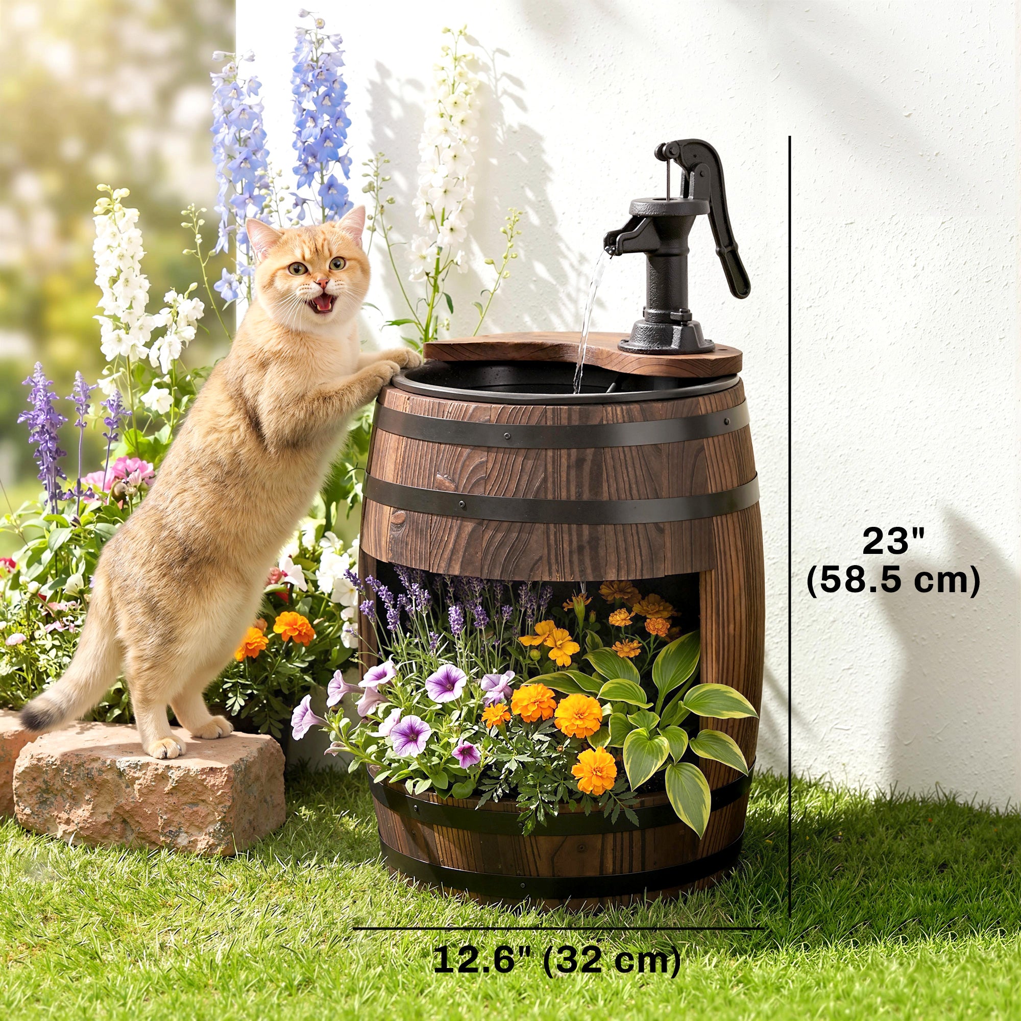 Wooden Outdoor Fountain, Electrical Barrel Waterfall with 3600r/min Speed Pump for Patio, Backyard, Carbonized