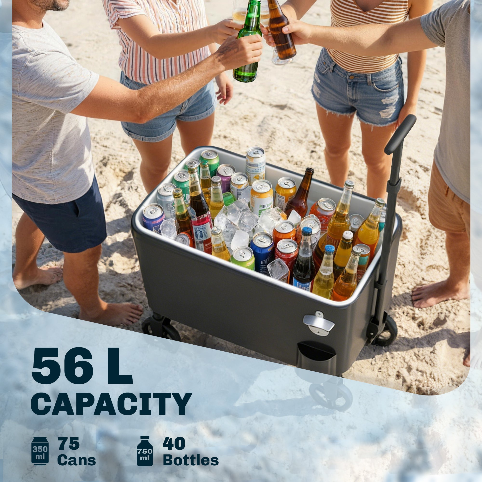 60-Qt Outdoor Patio Cooler Cart, Rolling Ice Chest with Adjustable Handle, Wheels, Bottle Opener, Drainage, Black