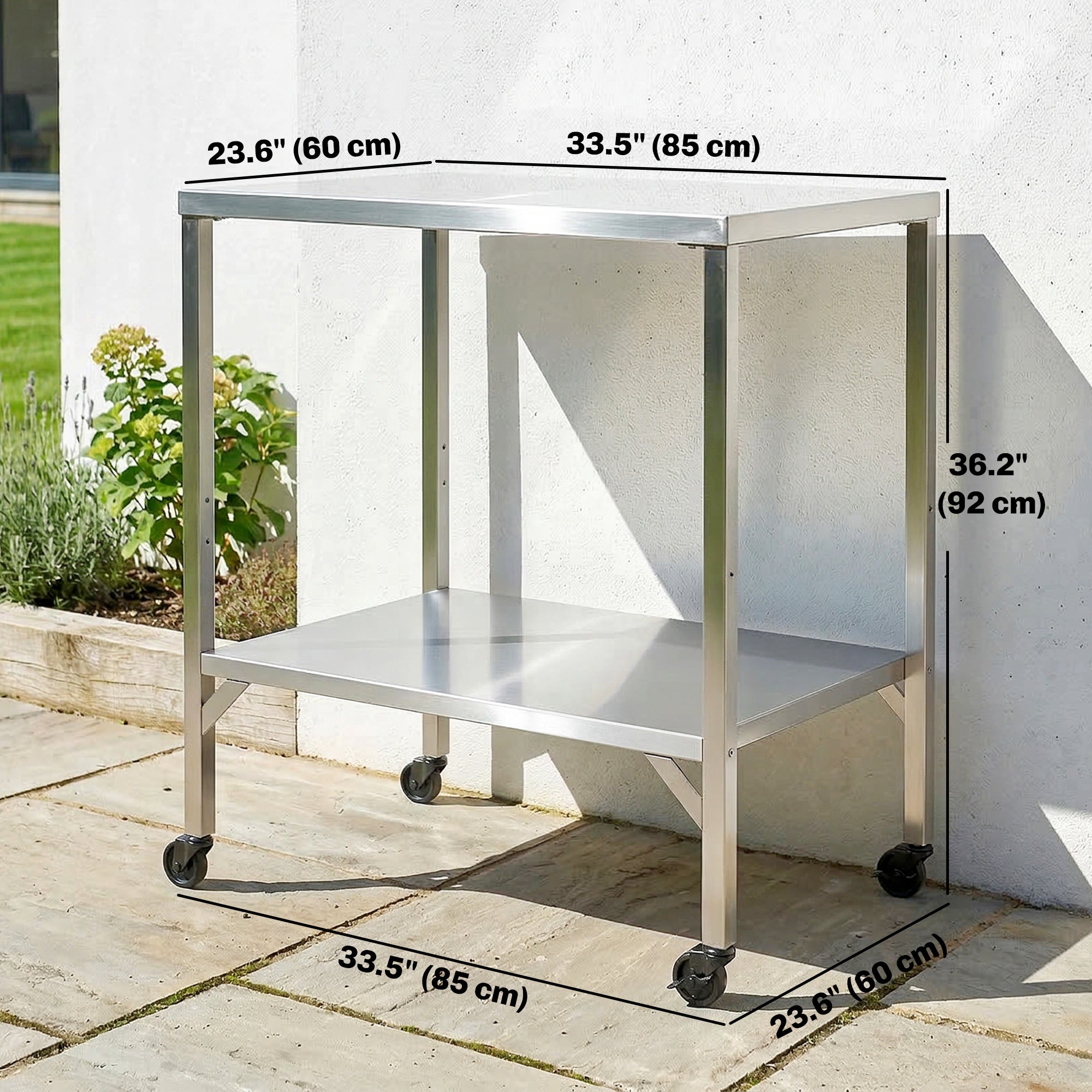 Outdoor Grill Cart with Stainless Steel Tabletop, Pizza Oven Stand with Shelf, Lockable Wheels, Rolling BBQ Table