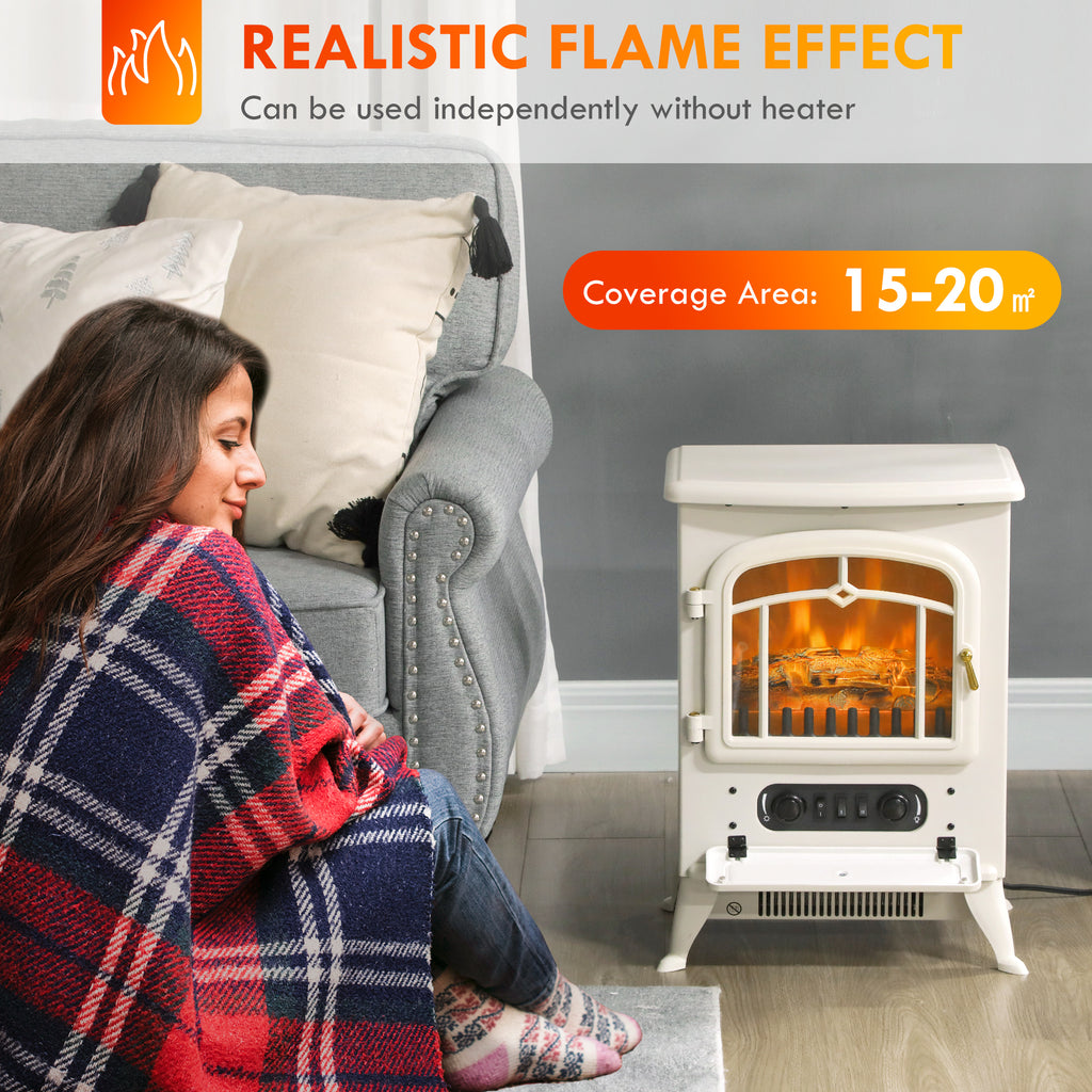 16" Freestanding Electric Fireplace Heater Fire Stove with Wood Burning Flame 750/1500W Beige