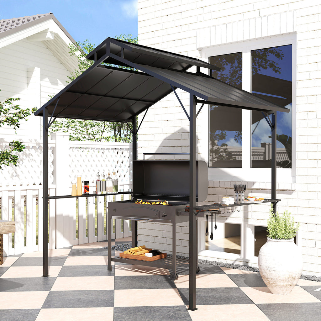 8 x 5ft Hardtop Grill Gazebo with Double Metal Roof, 2 Side Shelves and 10 Hooks for Patio Backyard Lawn Deck
