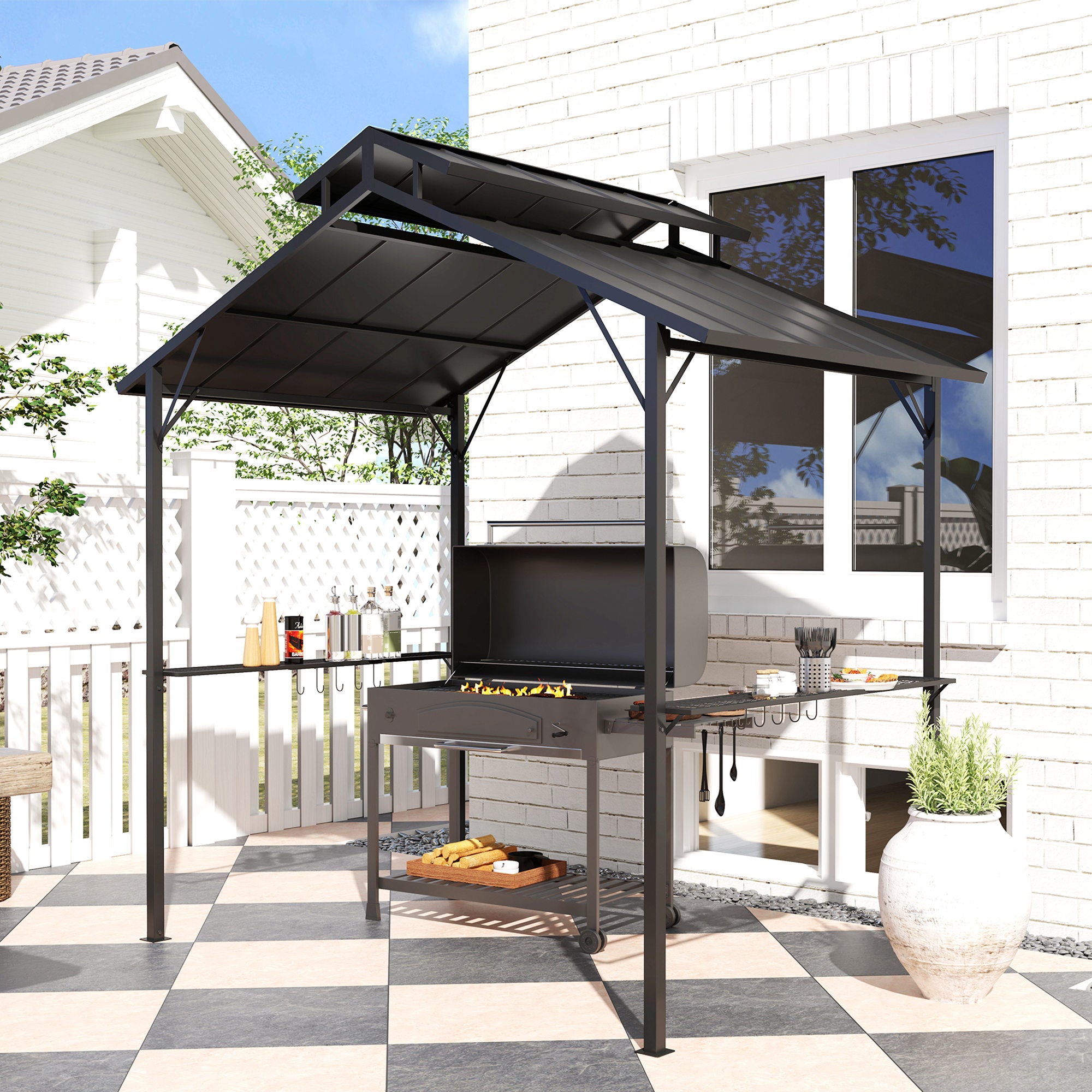 8 x 5ft Hardtop Grill Gazebo with Double Metal Roof, 2 Side Shelves and 10 Hooks for Patio Backyard Lawn Deck