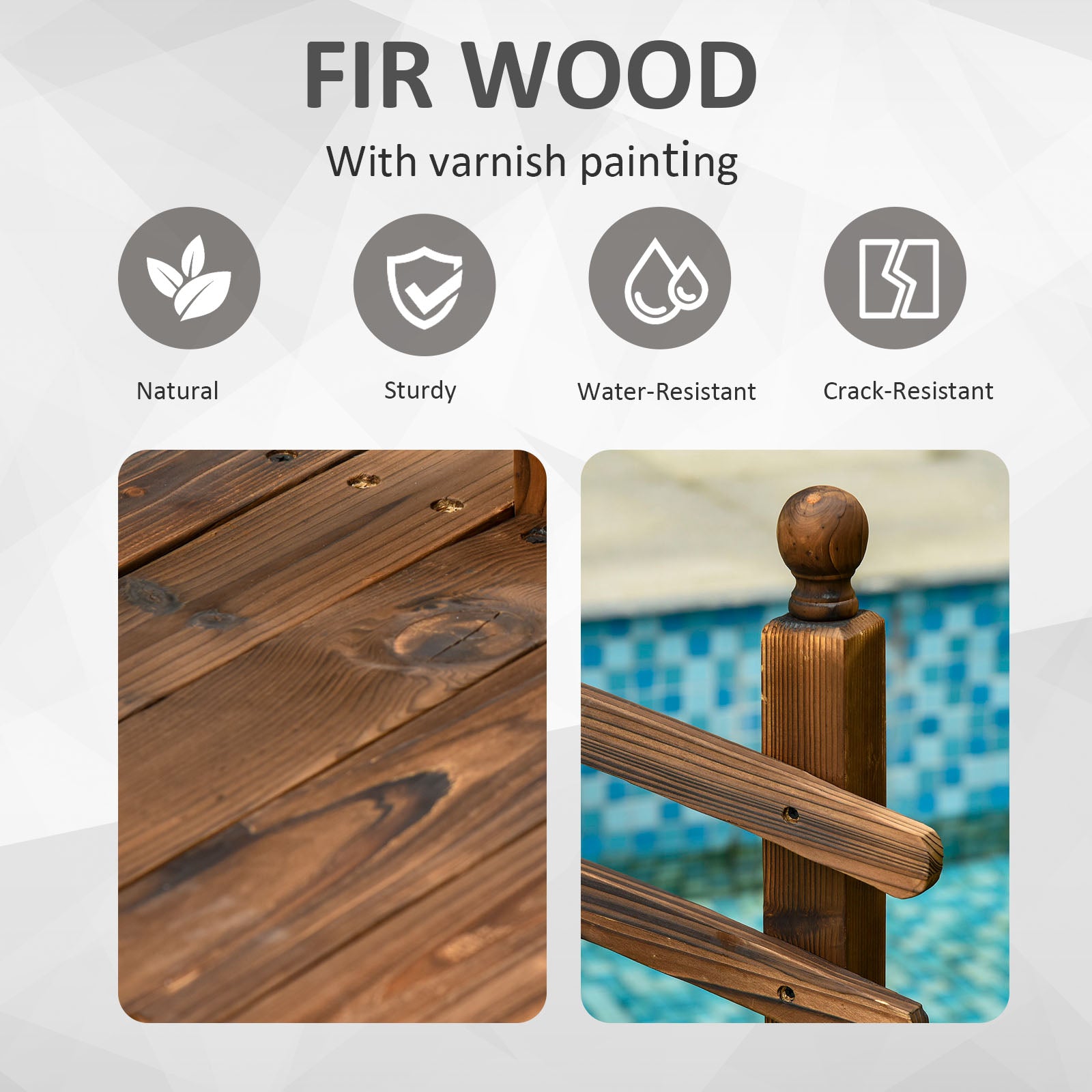 7.5' Fir Wood Garden Bridge Arc Walkway with Side Railings, for Backyards, Gardens, & Streams, Tan