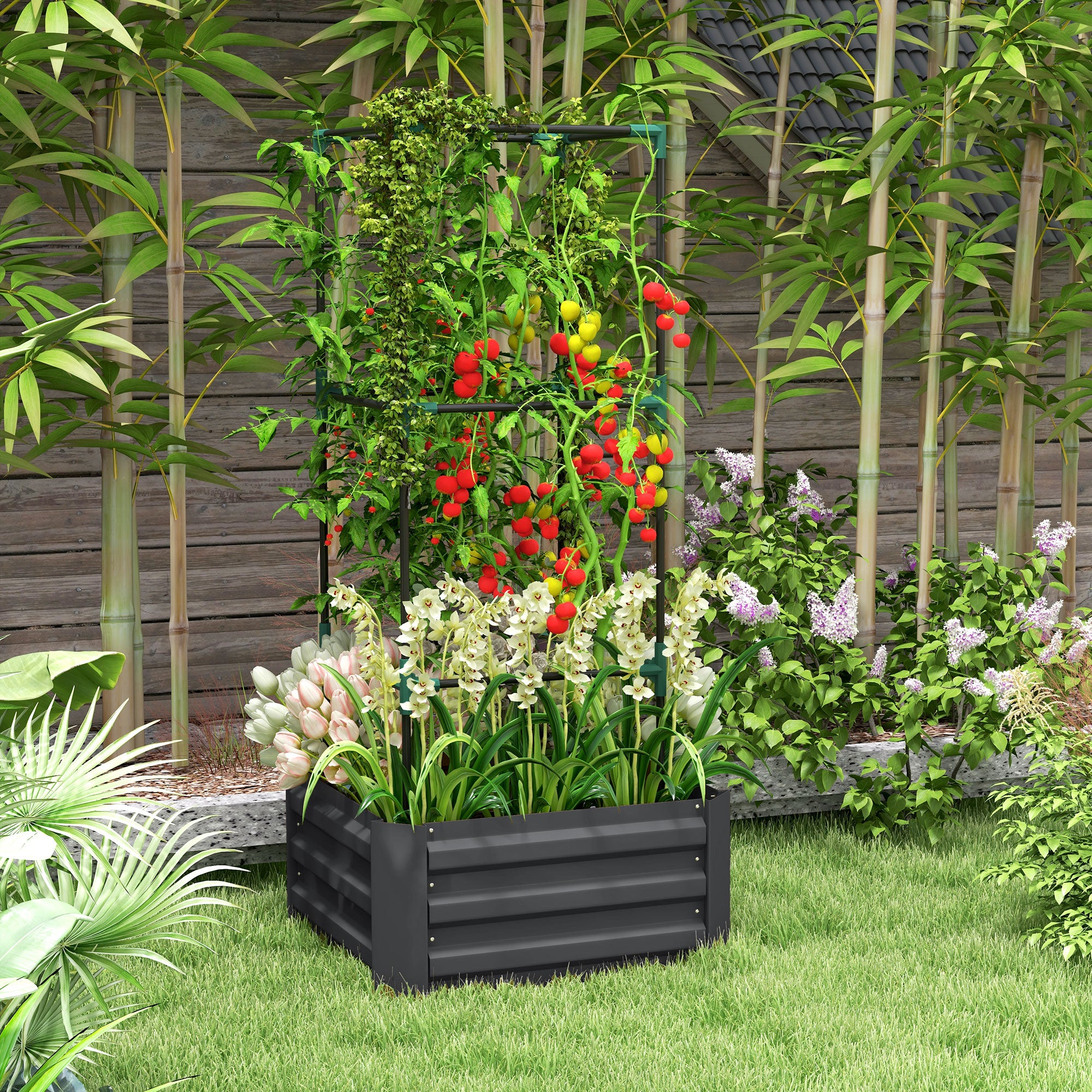 Galvanized Planter Box, Outdoor Raised Garden Bed with 3-Tier Trellis Tomato Cage for Climbing Vines, Vegetables, Grey