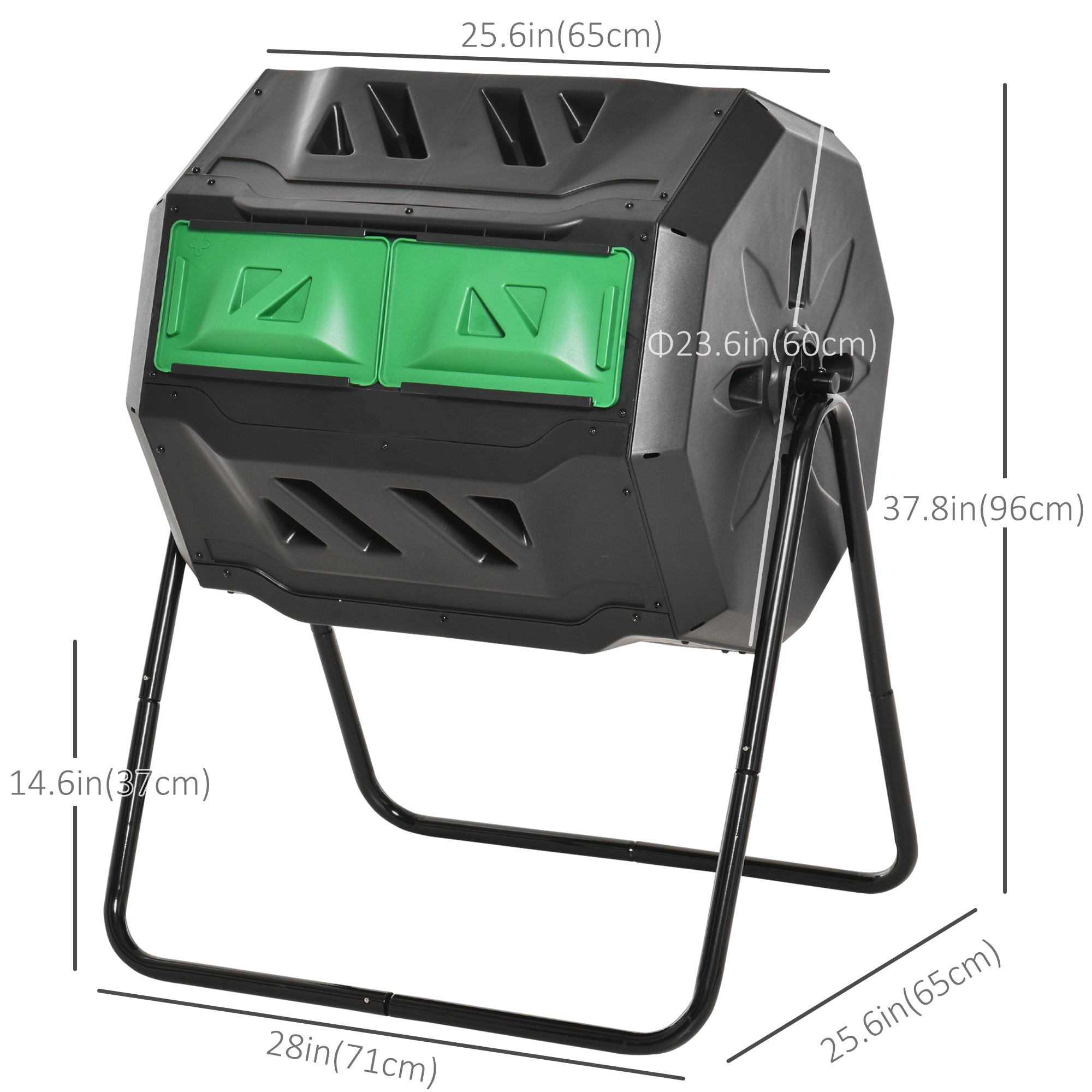 Tumbling Compost Bin Outdoor Dual Chamber 360Â° Rotating Composter 43 Gallon w/ Sliding Doors & Solid Steel Frame, Green