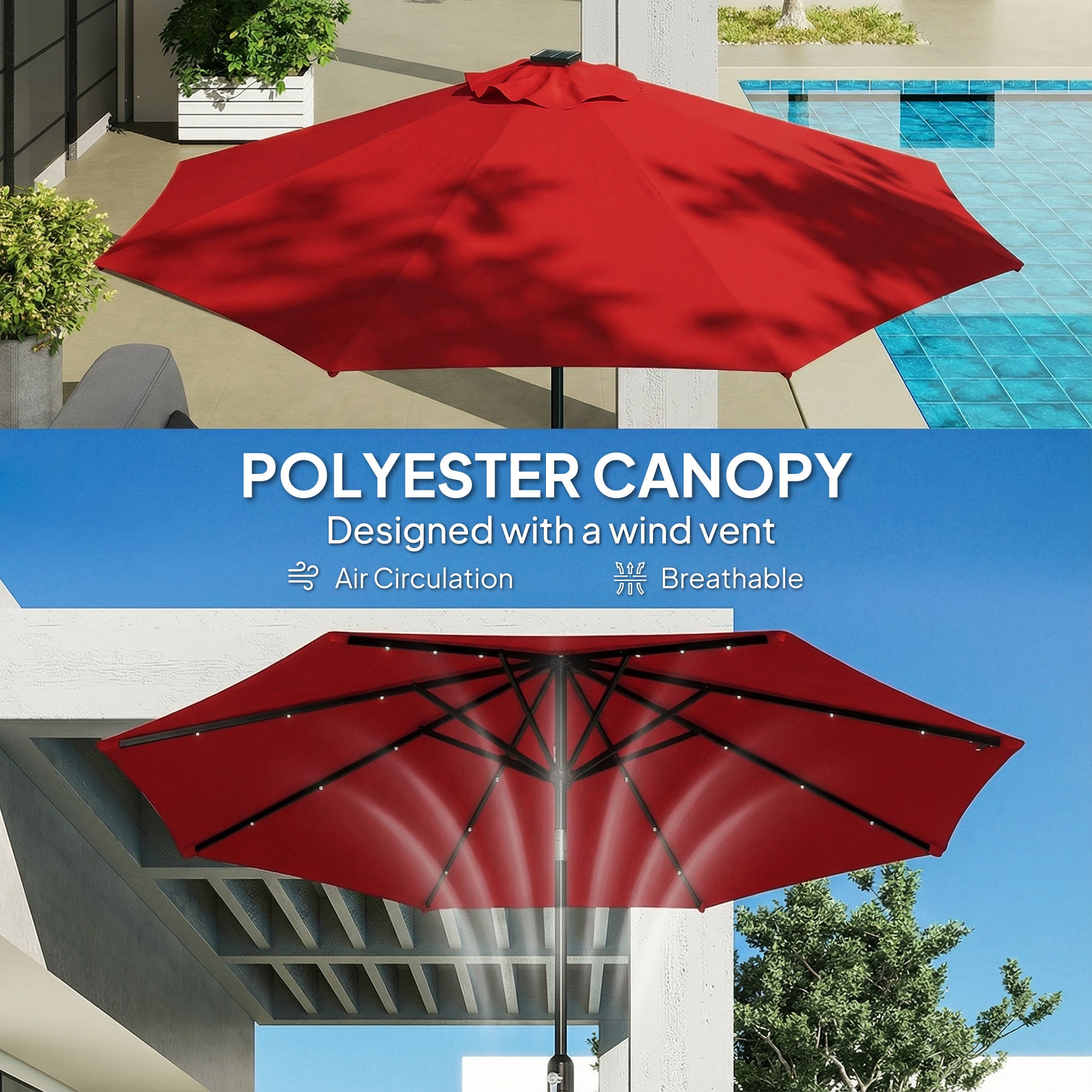 9ft Solar Patio Umbrella Outdoor Sunshade 24 LED Lights Tilt Canopy Wine Red