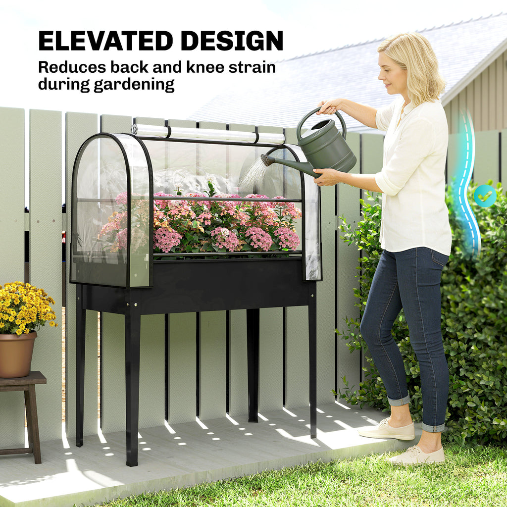 Raised Garden Bed with Flip-Up Greenhouse Cover, Metal Elevated Garden Bed with Legs and Drainage Hole, Black