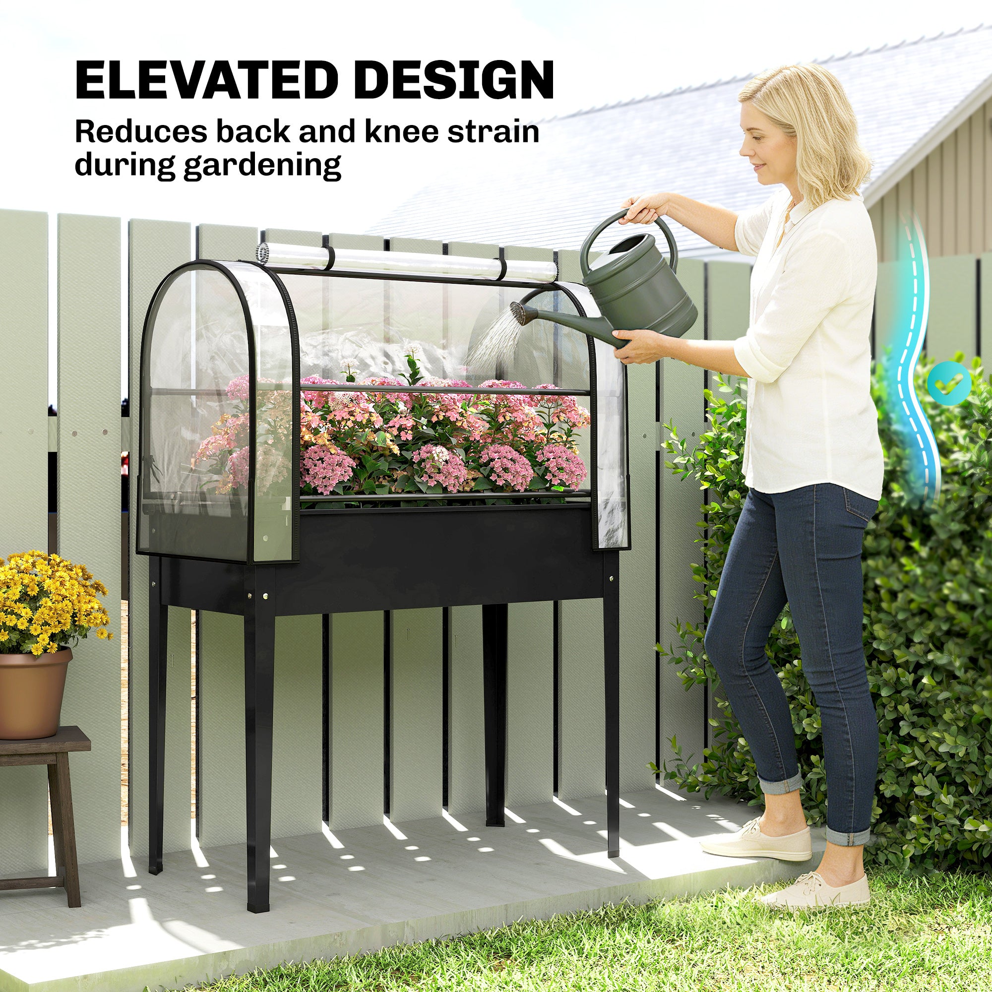 Raised Garden Bed with Flip-Up Greenhouse Cover, Metal Elevated Garden Bed with Legs and Drainage Hole, Black