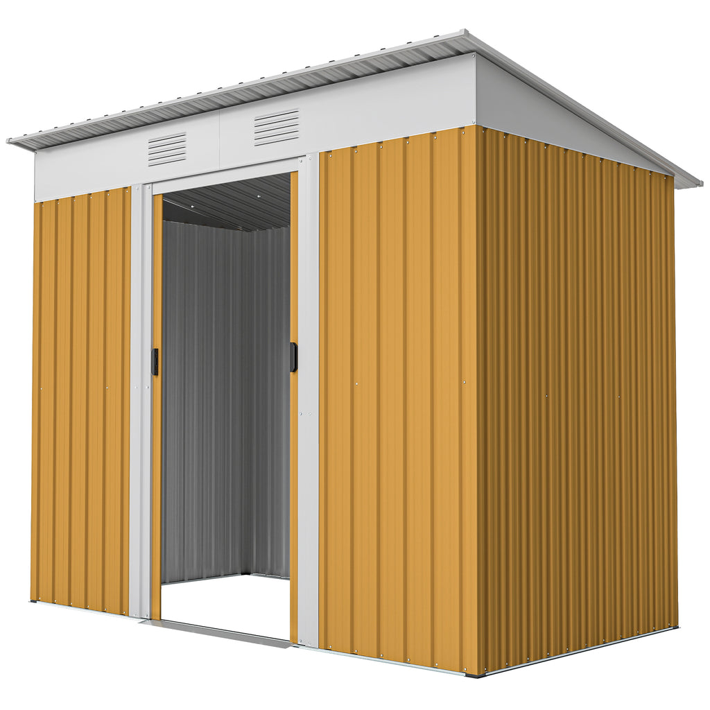 7' x 4' Outdoor Storage Shed, Metal Garden Tool Storage House Organizer with Lockable Sliding Doors and Vents for Backyard Patio Lawn, Yellow