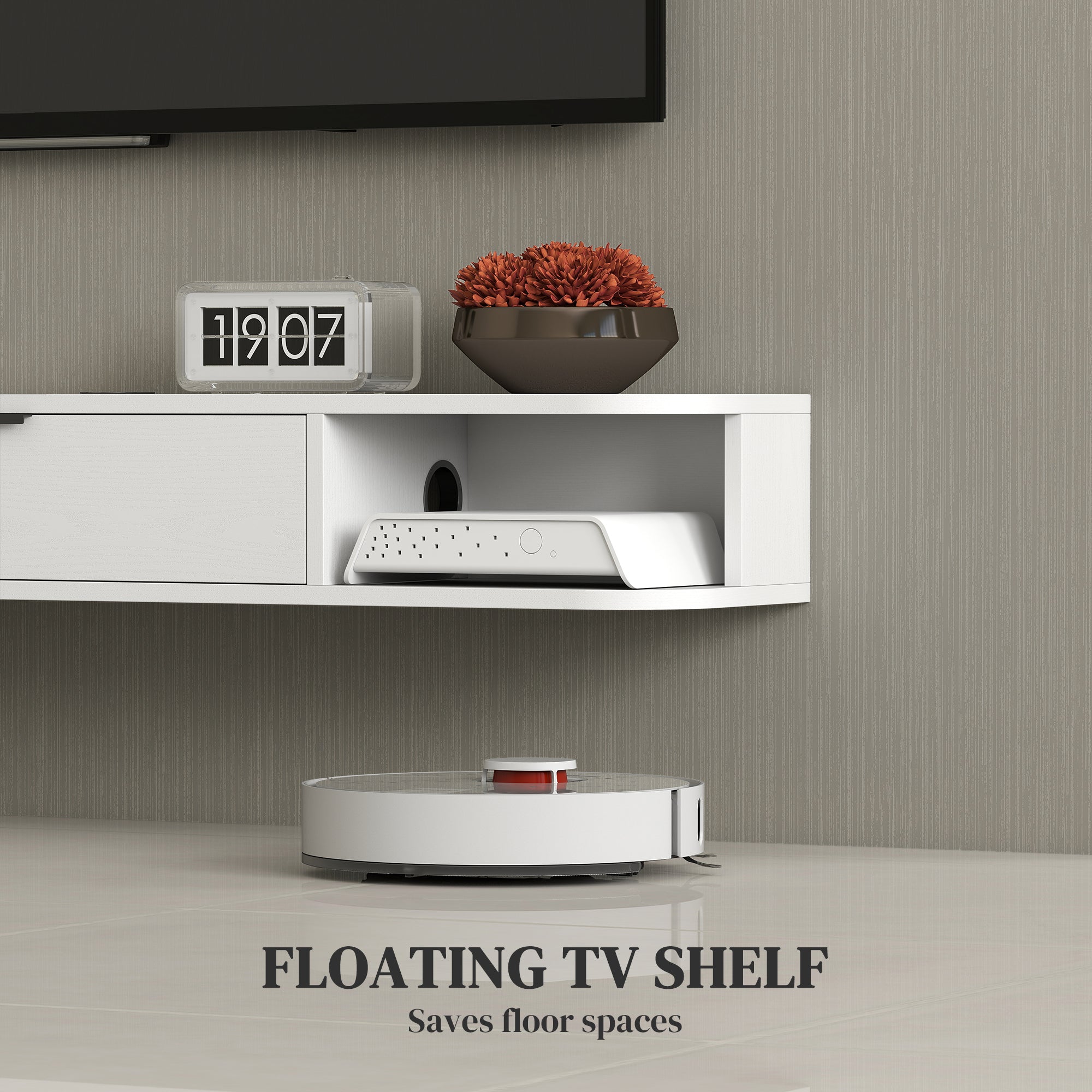 47" Floating TV Stand for TVs up to 50 Inch, Wall Mounted Media Console with Flip Drawer and 2 Open Shelves, White