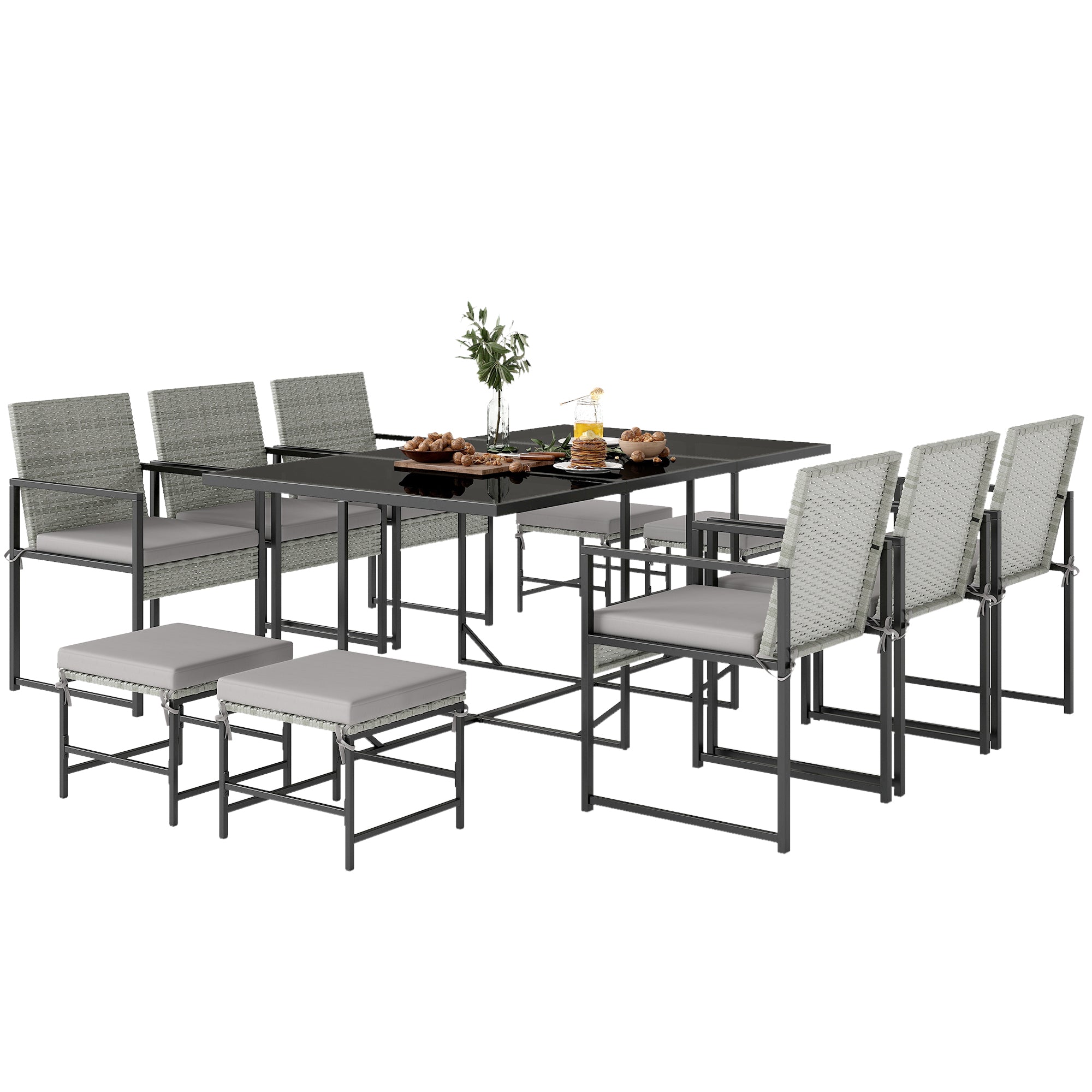 11 Pieces Wicker Patio Dining Set, Rattan Outdoor Furniture Set with 6 Armchairs, 4 Stools, Light Grey