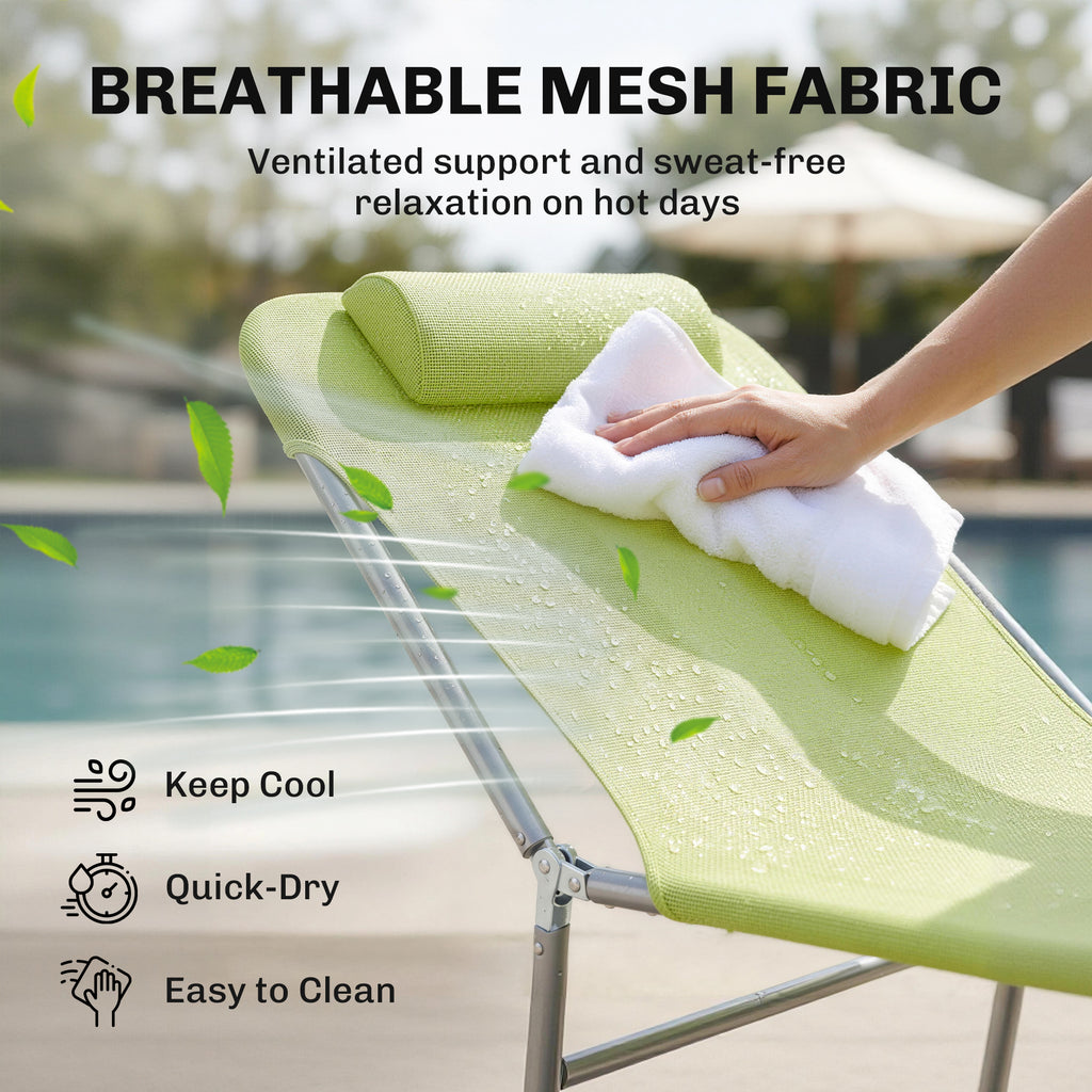 Outdoor Lounge Chair, Portable Adjustable Reclining Seat Folding Chaise Lounge Patio Camping Beach Tanning Chair Bed with Pillow, Light Green