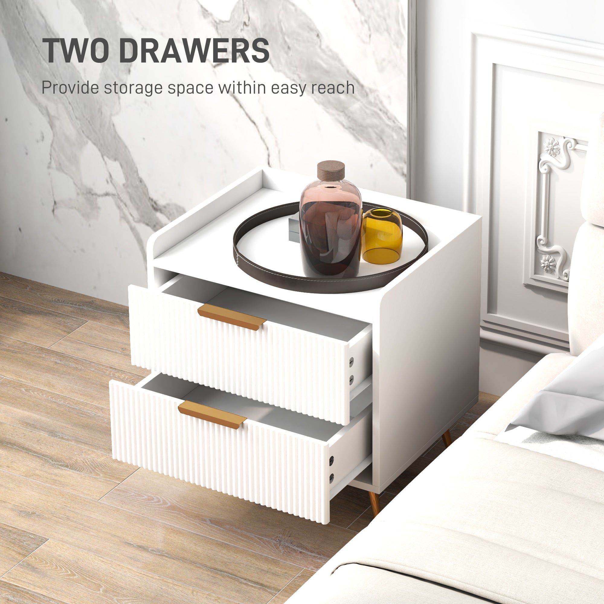 Bedside Table, Nightstand with 2 Drawers, Side End Table with Metal Legs for Bedroom, White