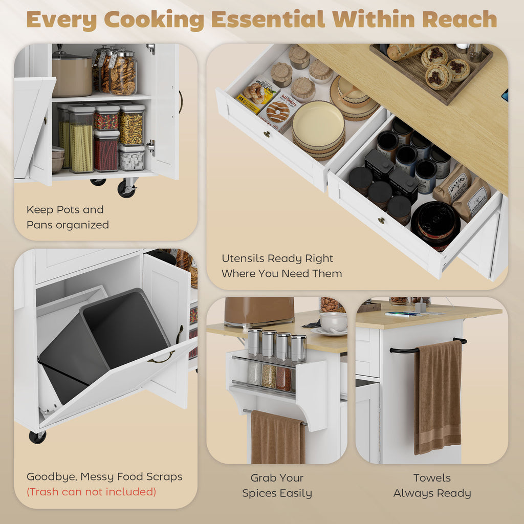 Kitchen Island Cart with Charging Station and Drop Leaf, Kitchen Island Table on Wheels with Trash Can Cabinet, White