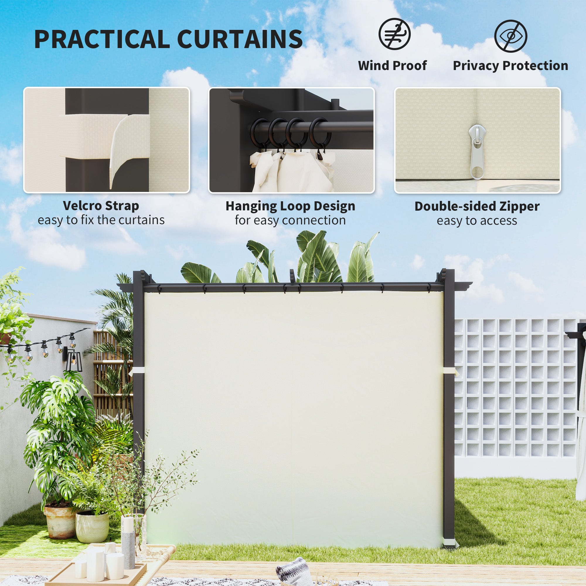 Metal Pergola with Sliding Roof Canopy, Retractable Pergola Canopy, 10' x 10', Beige