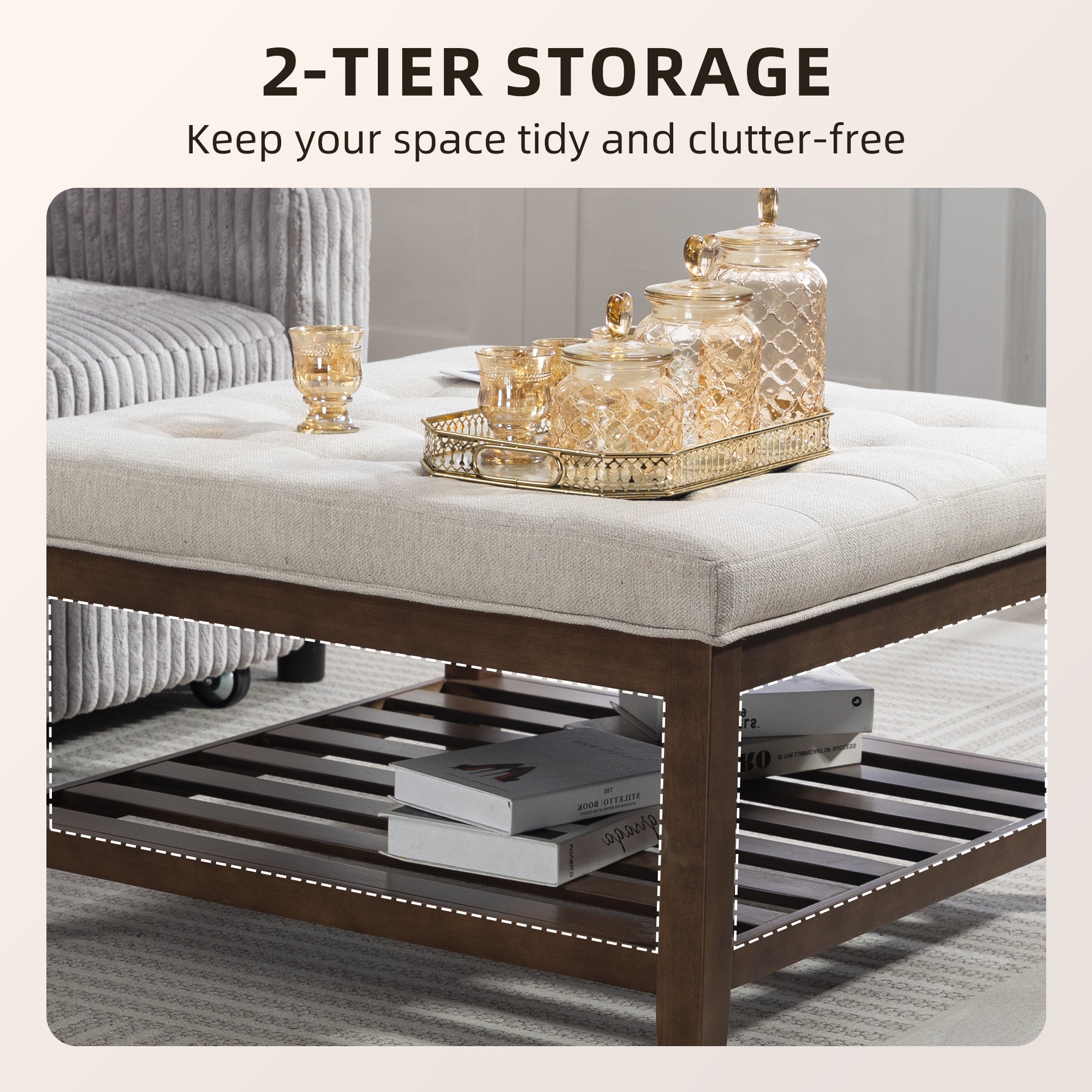 Ottoman Coffee Table, 32 Inch Square Footrest Ottoman with Storage, Linen Upholstered Tufted Footstool, Beige
