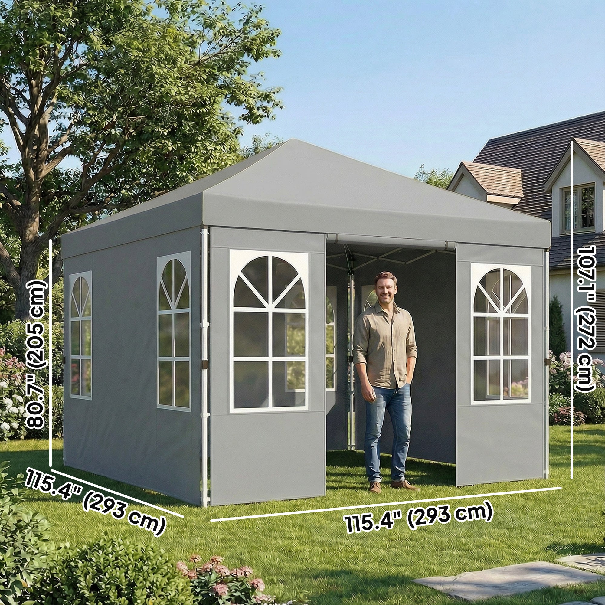 9.6 x 9.6 ft Pop Up Canopy Tent with 4 Sidewalls, UPF 50+ 1-Button Push Easy Setup Outdoor Instant Canopy, Light Grey
