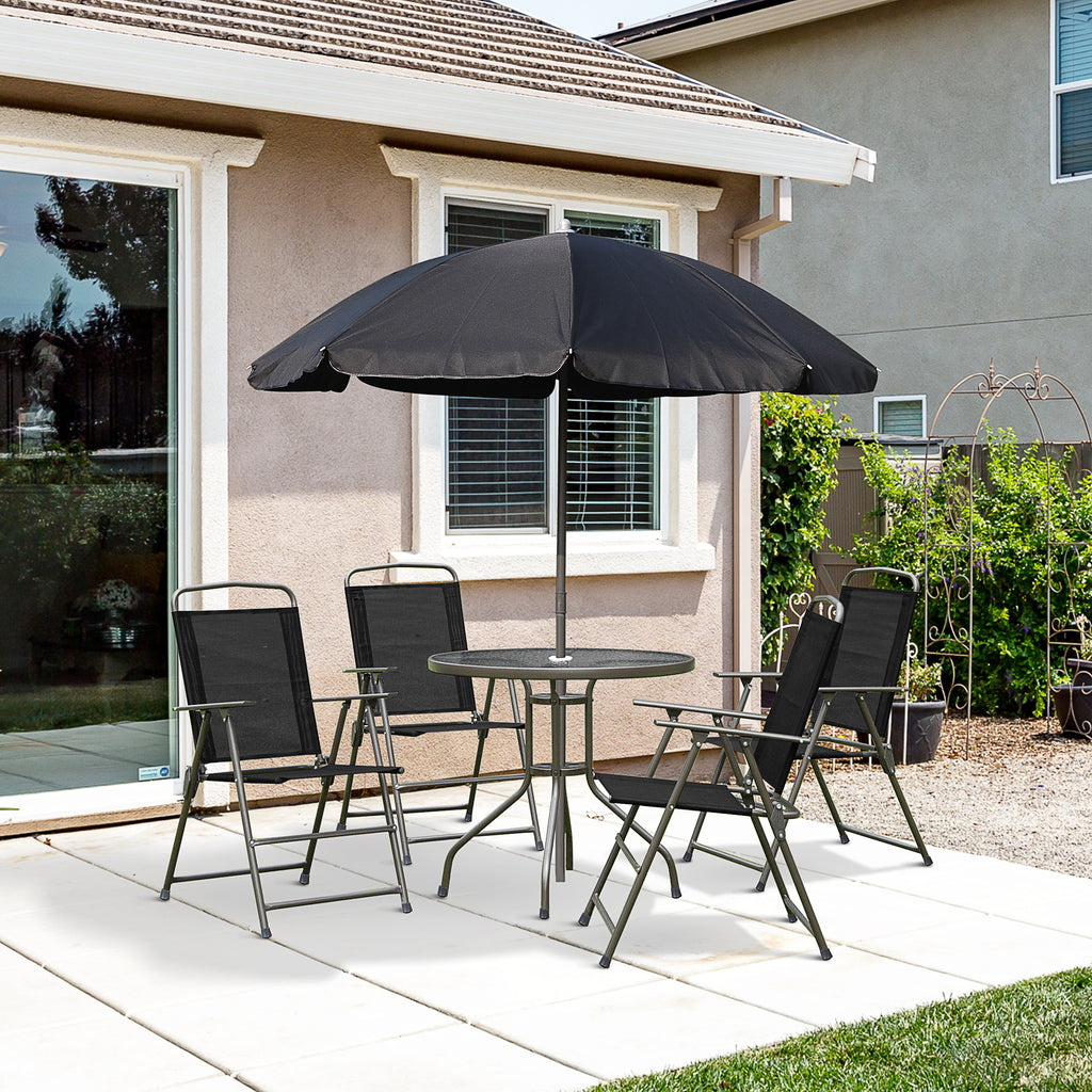 6 Pieces Outdoor Dining Set for 4 with Umbrella Patio Outdoor Furniture Set with Round Table 4 Folding Chairs Black