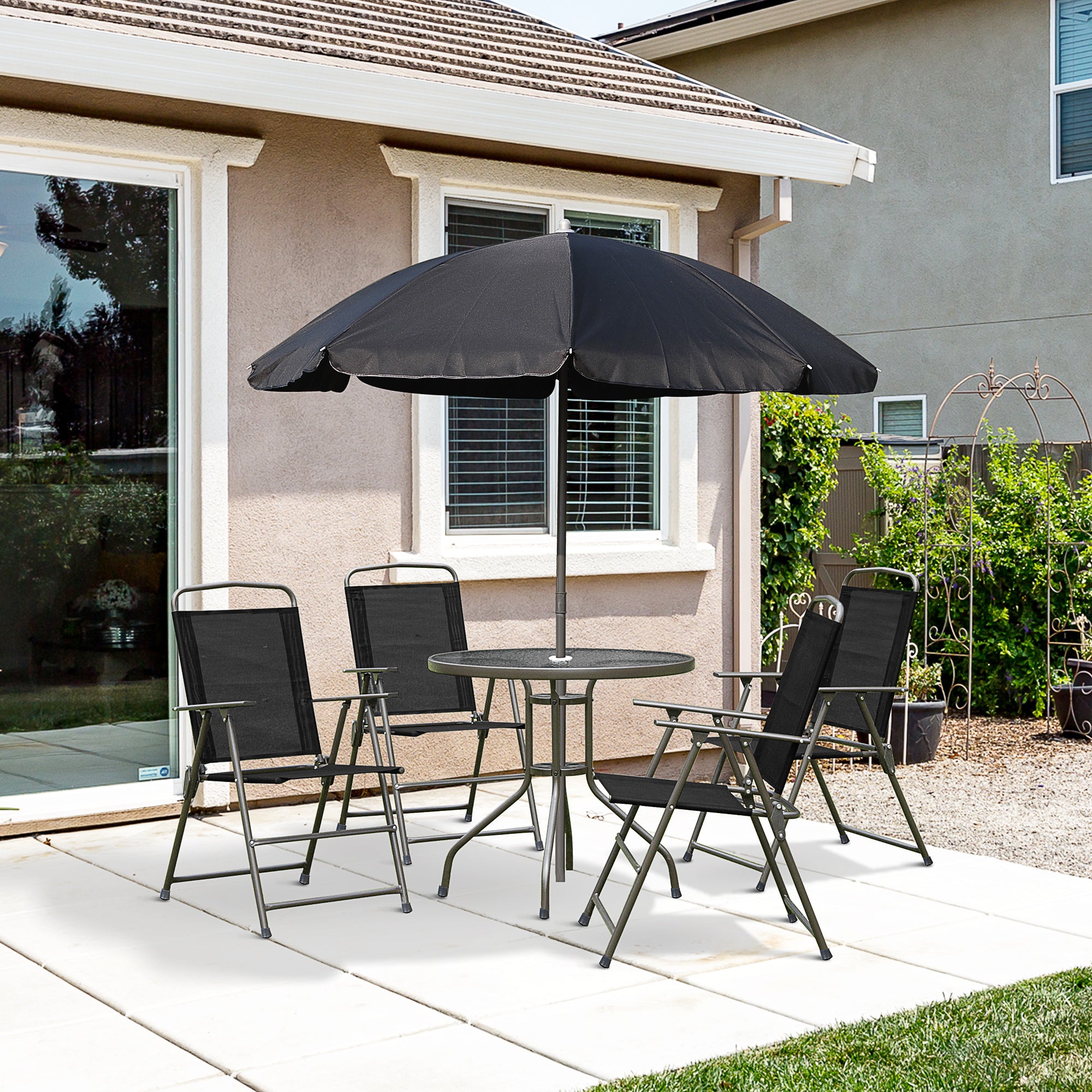 6 Pieces Outdoor Dining Set for 4 with Umbrella Patio Outdoor Furniture Set with Round Table 4 Folding Chairs Black